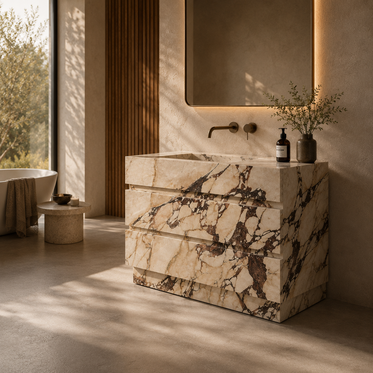 Sculptural marble stone vanity with integrated sink in a warm luxury bathroom interior.