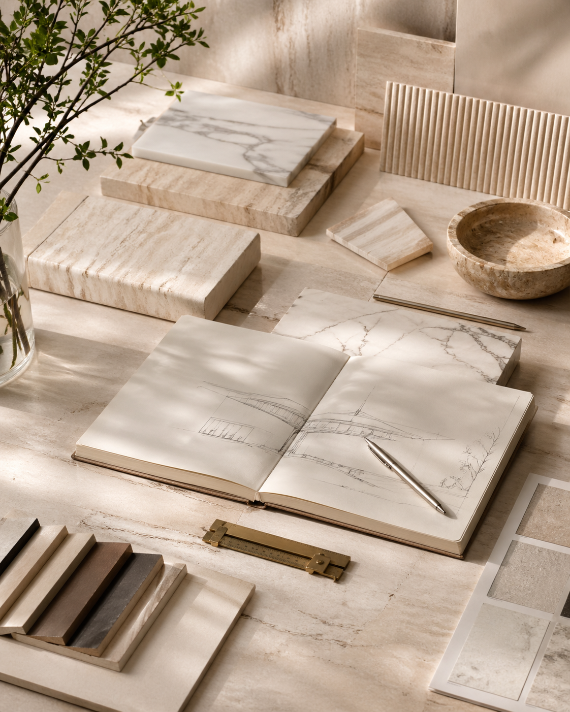 Natural stone project planning workspace with marble and travertine samples, architectural drawings and tools by OIXDESIGN.
