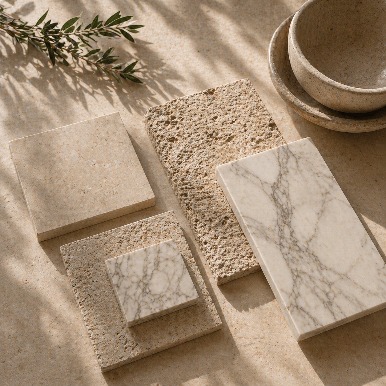Marble, travertine, and natural stone samples showing material and finish options for custom projects