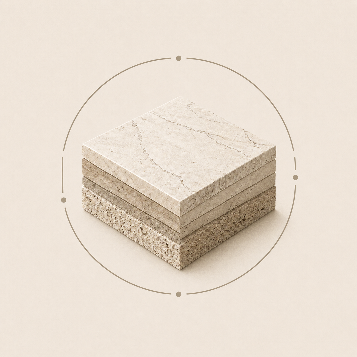 Minimal icon of layered natural stone slabs representing material depth at OIXDESIGN