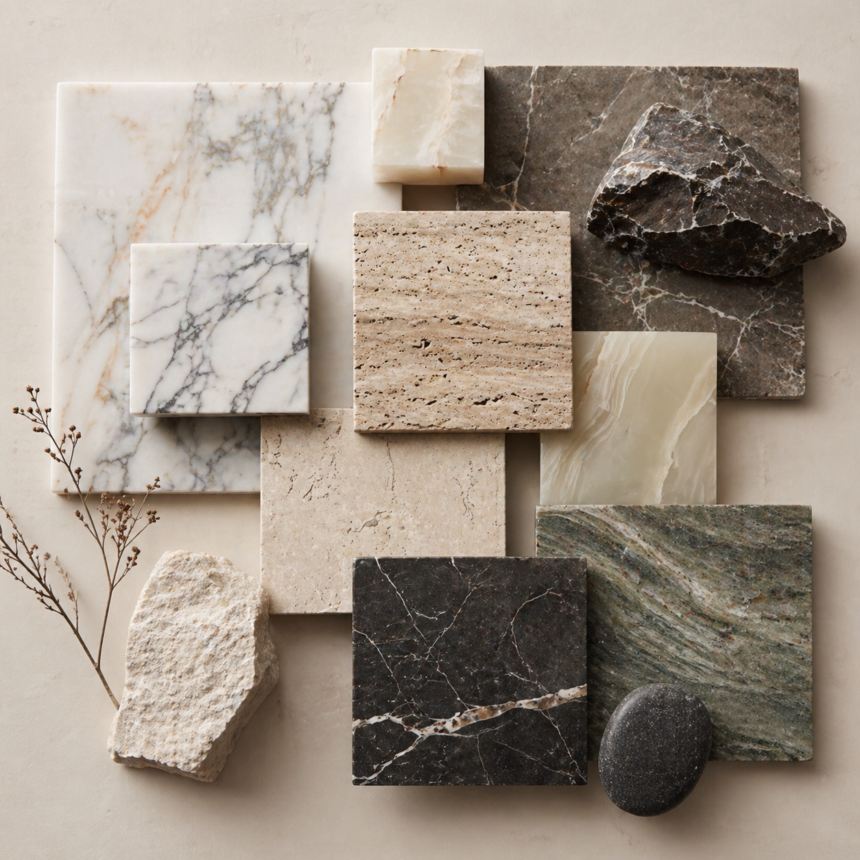 Natural stone and tile moodboard showing curated materials and finishes for custom design projects