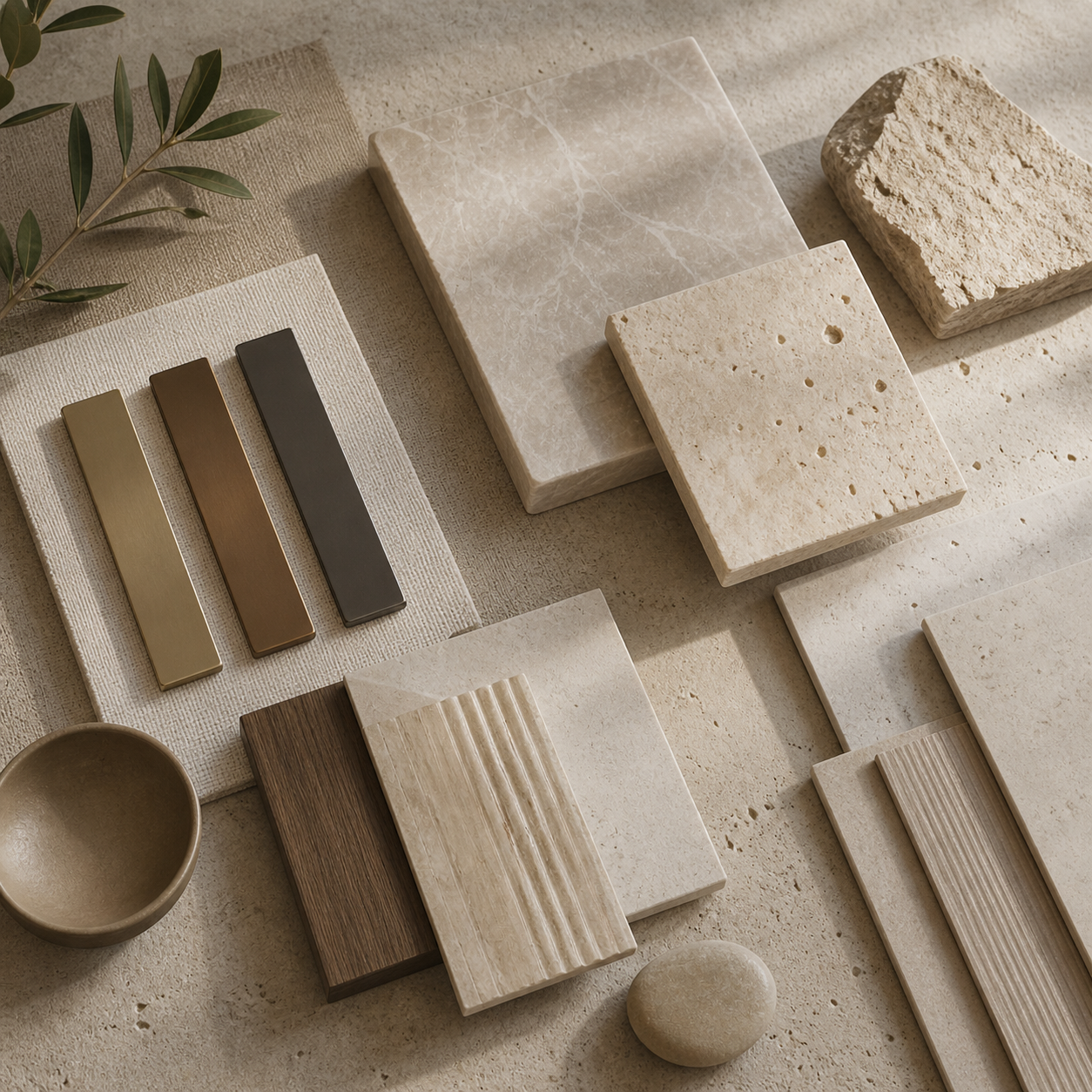OIXDESIGN materials and finishes moodboard with natural stone samples and neutral design palette