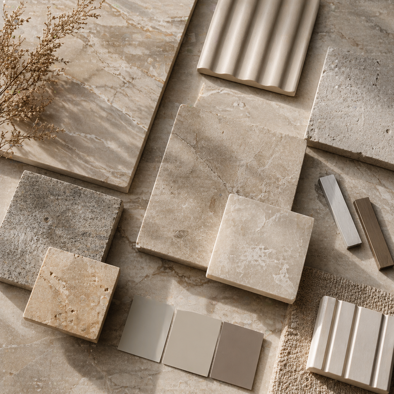 Natural stone materials and finishes palette curated for OIXDESIGN furniture and bath projects
