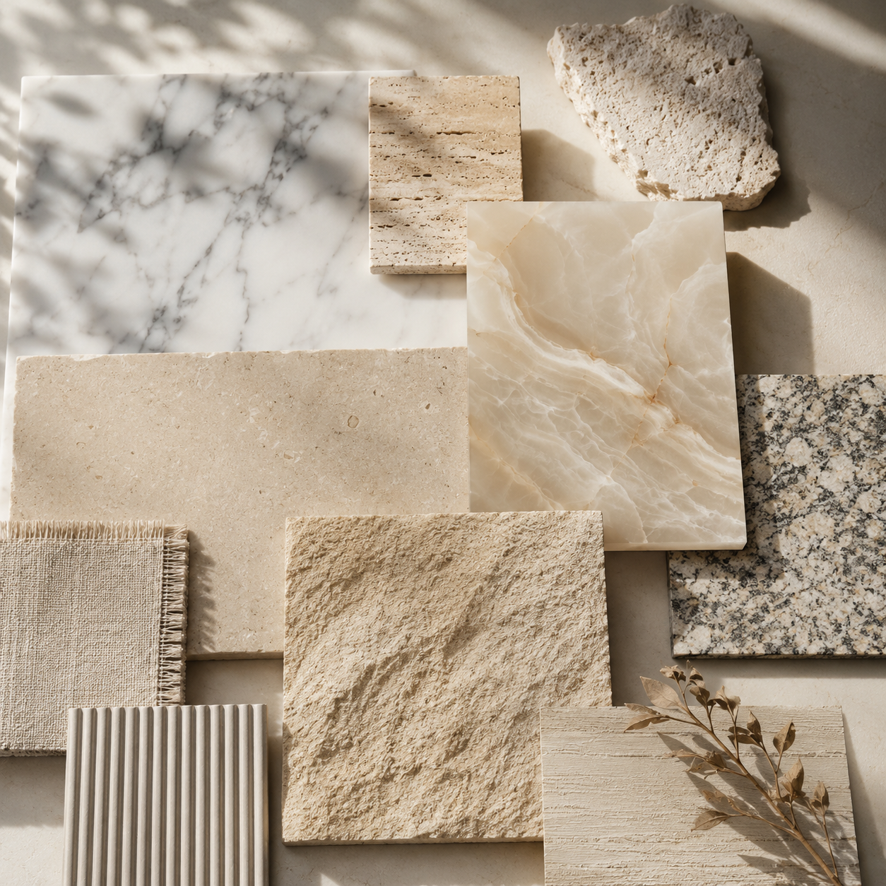 Flat lay of marble, travertine, onyx, granite, limestone, and sandstone samples in soft sunlight, representing OIXDESIGN materials and finishes.
