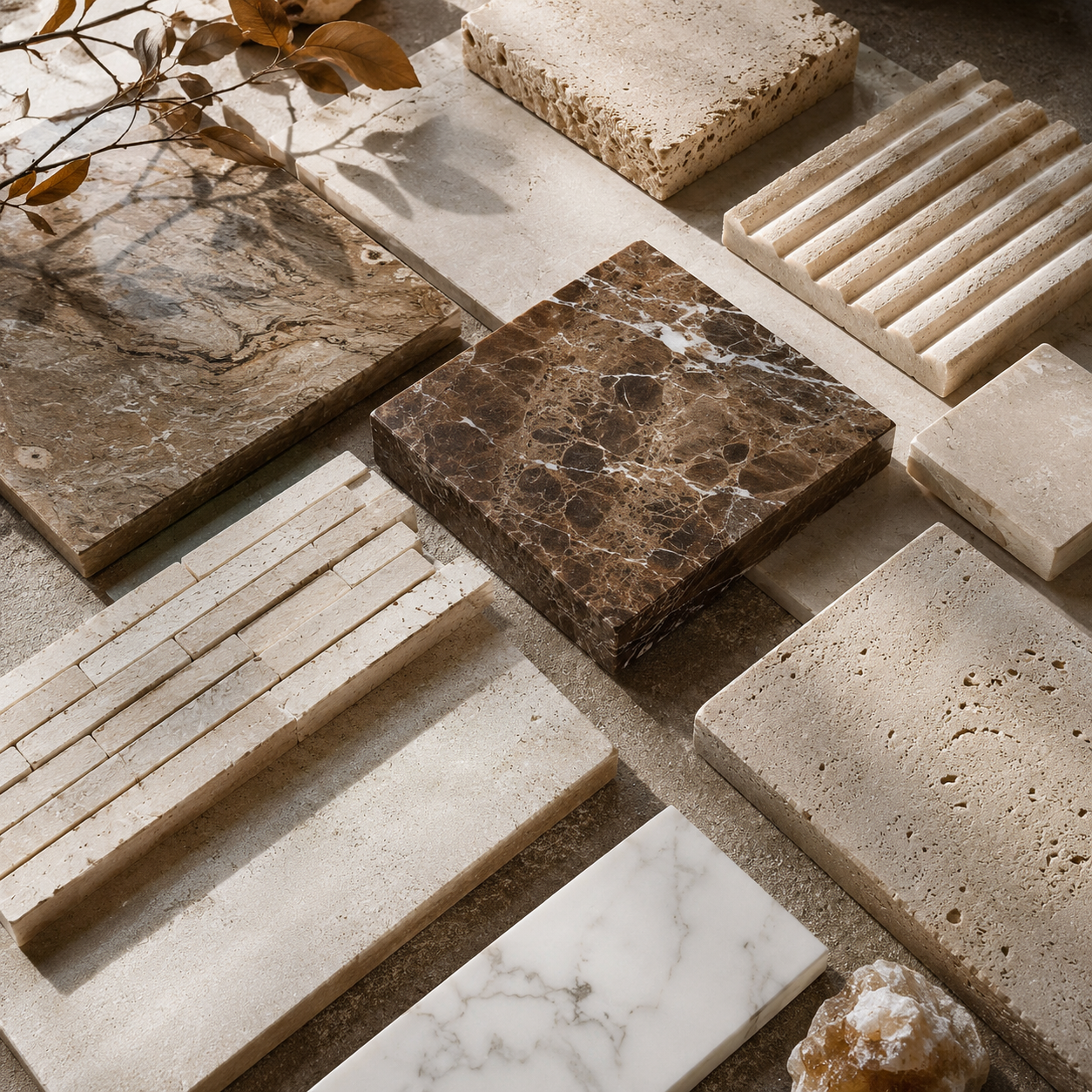 Curated natural stone materials and finishes mood board for OIXDESIGN furniture and custom stone projects.