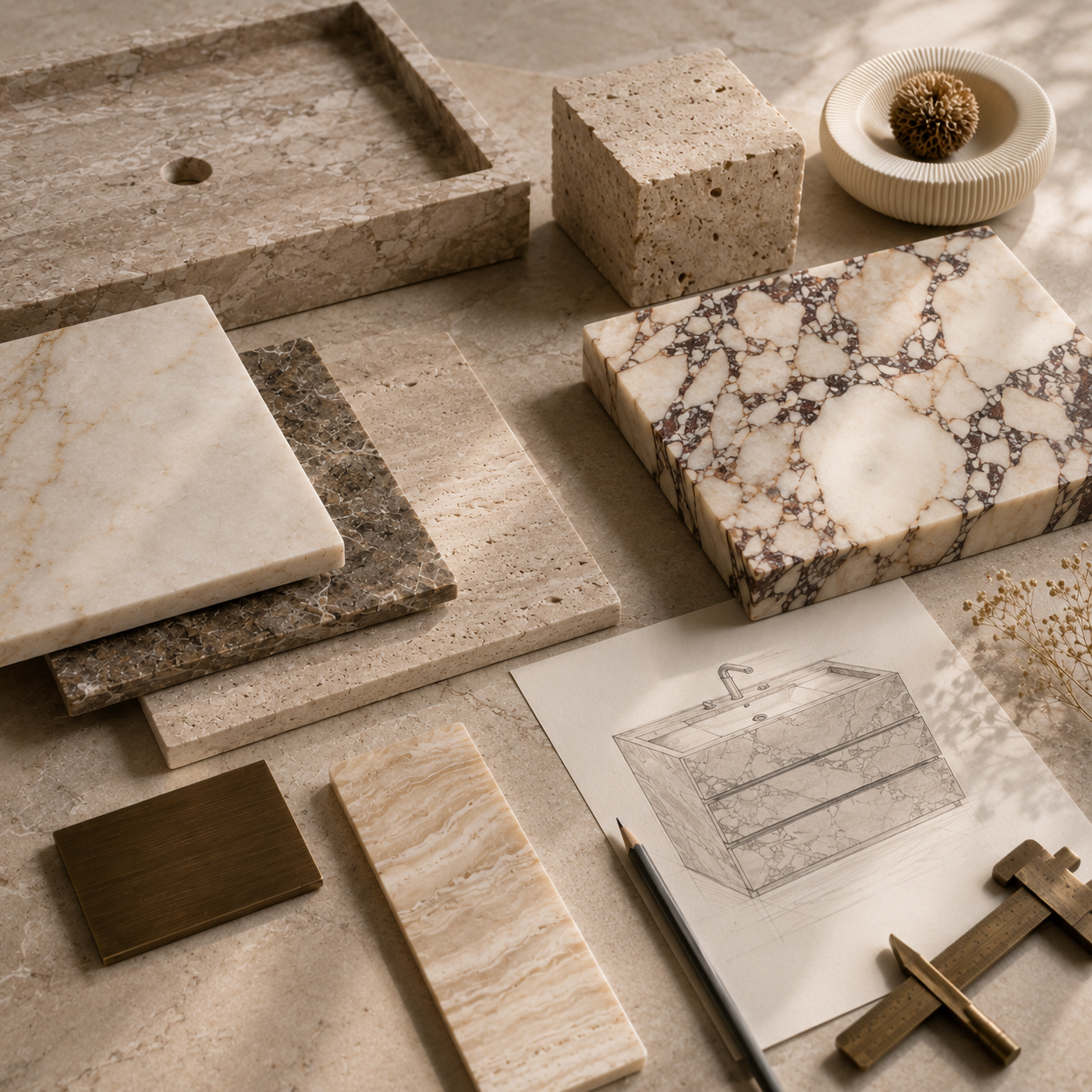 Natural stone materials and finishes palette for OIXDESIGN bath projects