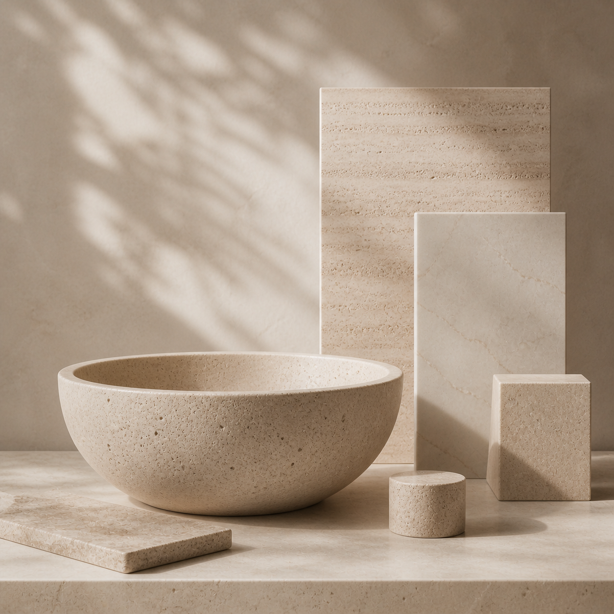 OIXDESIGN natural stone finish options with refined stone and tile composition in neutral tones