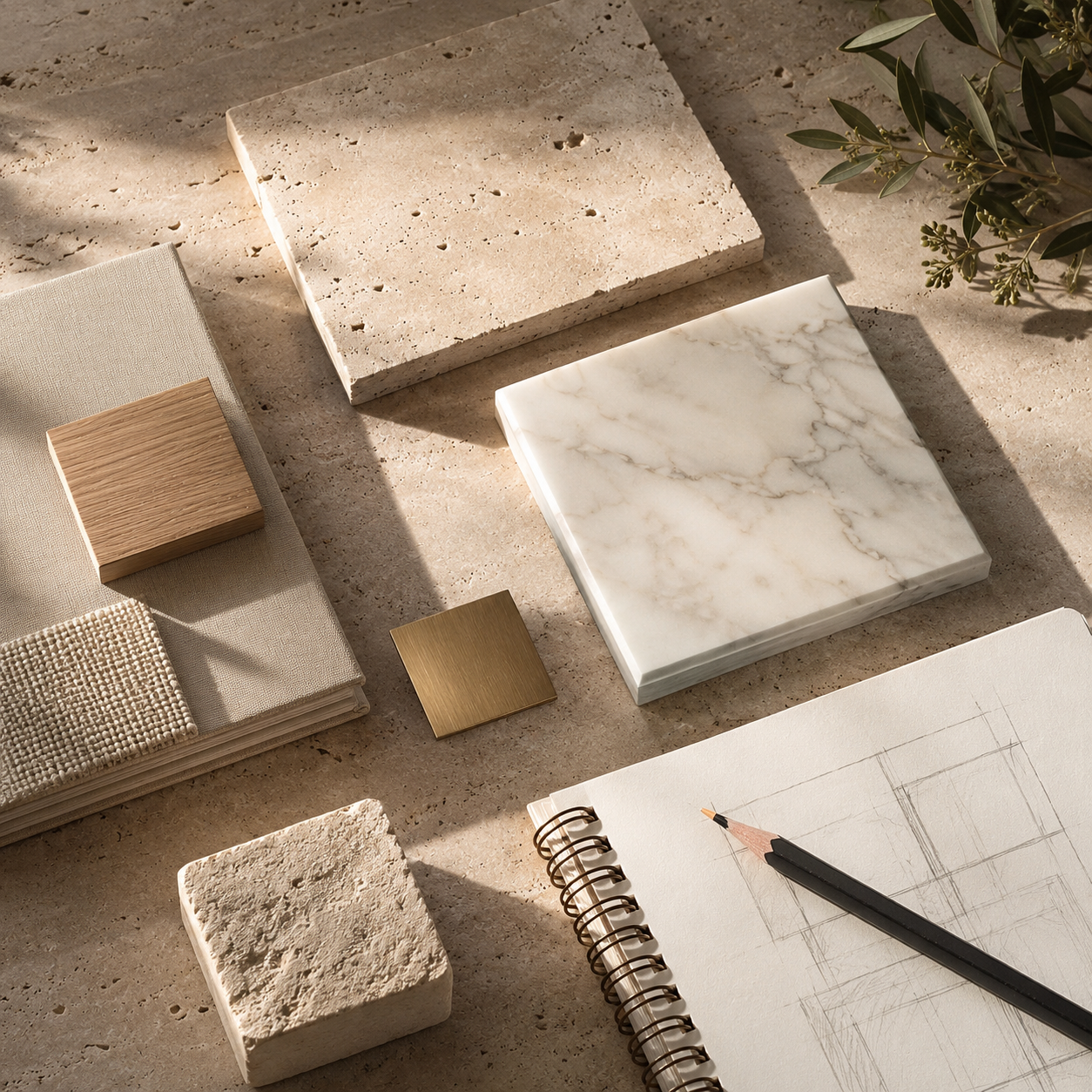 Neutral stone textures and material moodboard for the Materials and Finishes page by OIXDESIGN