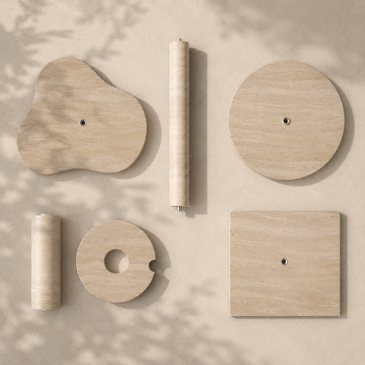 Modular travertine table components arranged in a clean flat lay for OIXDESIGN stone table design