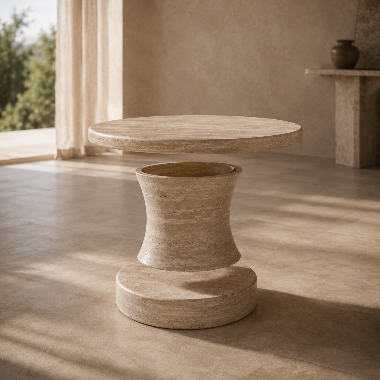 Round modular stone table design detail showing sculptural pedestal form in warm sunlight