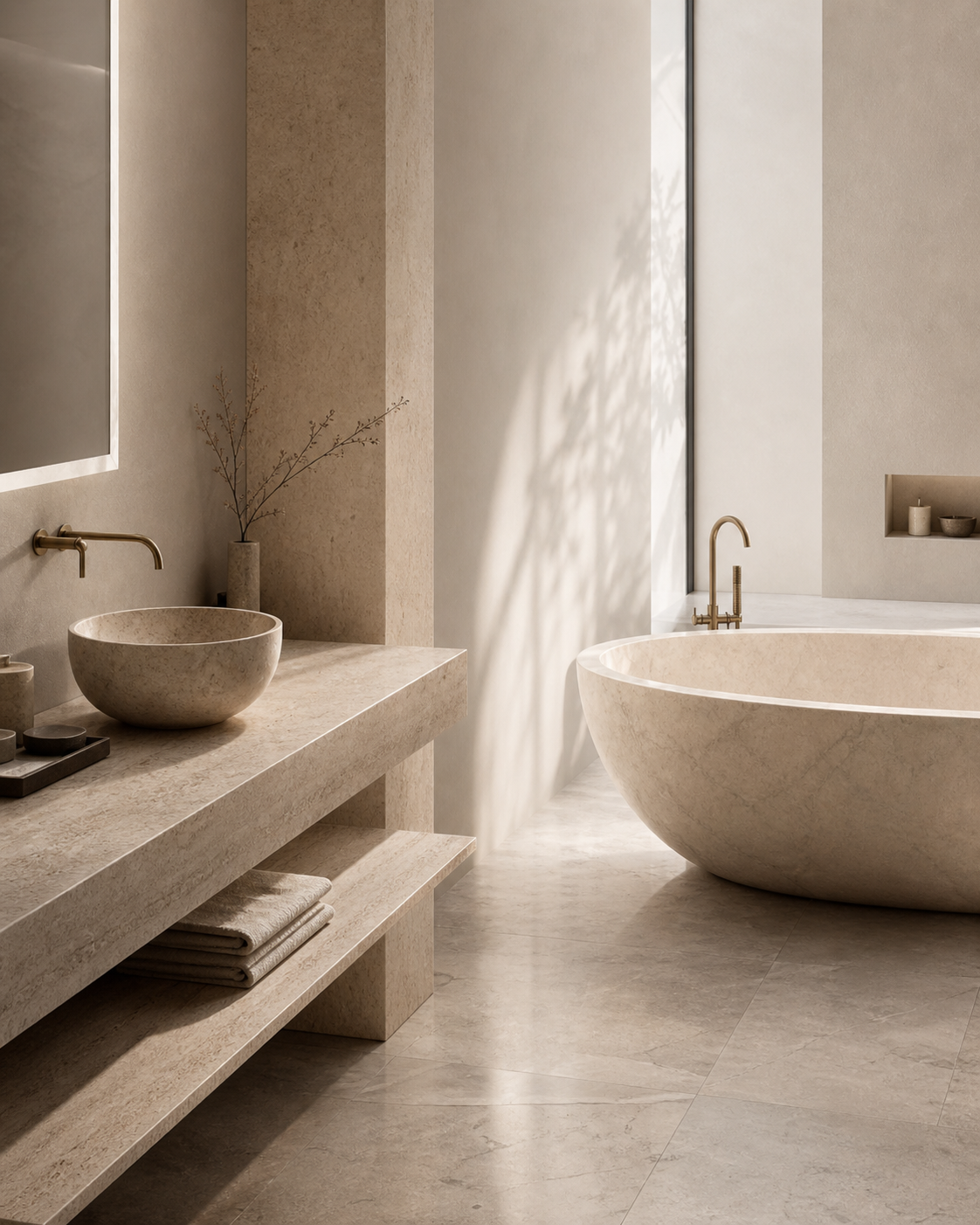 Luxury natural stone bathroom with a freestanding stone bathtub and matching stone sink