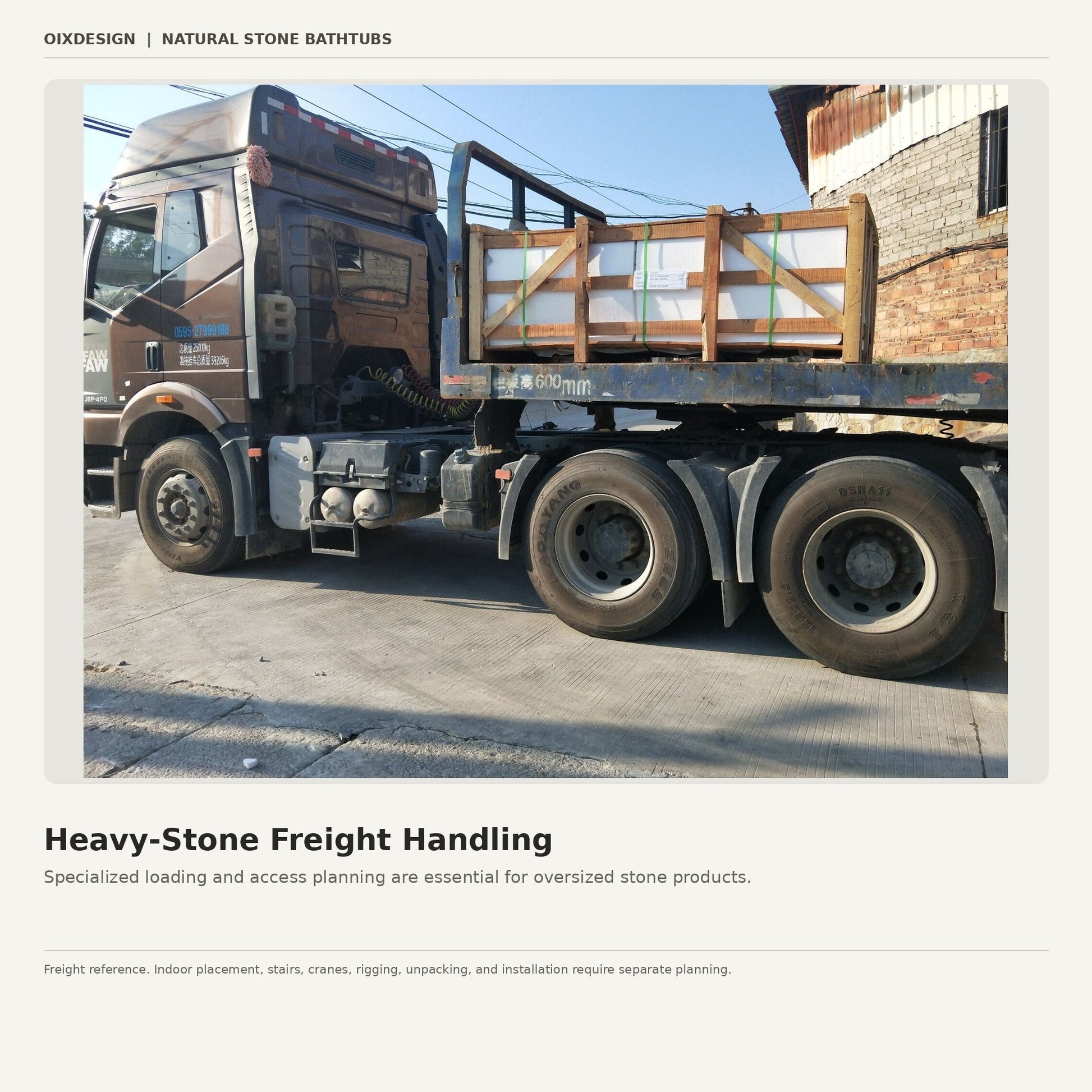 Reinforced natural stone bathtub crate being handled for heavy freight transport