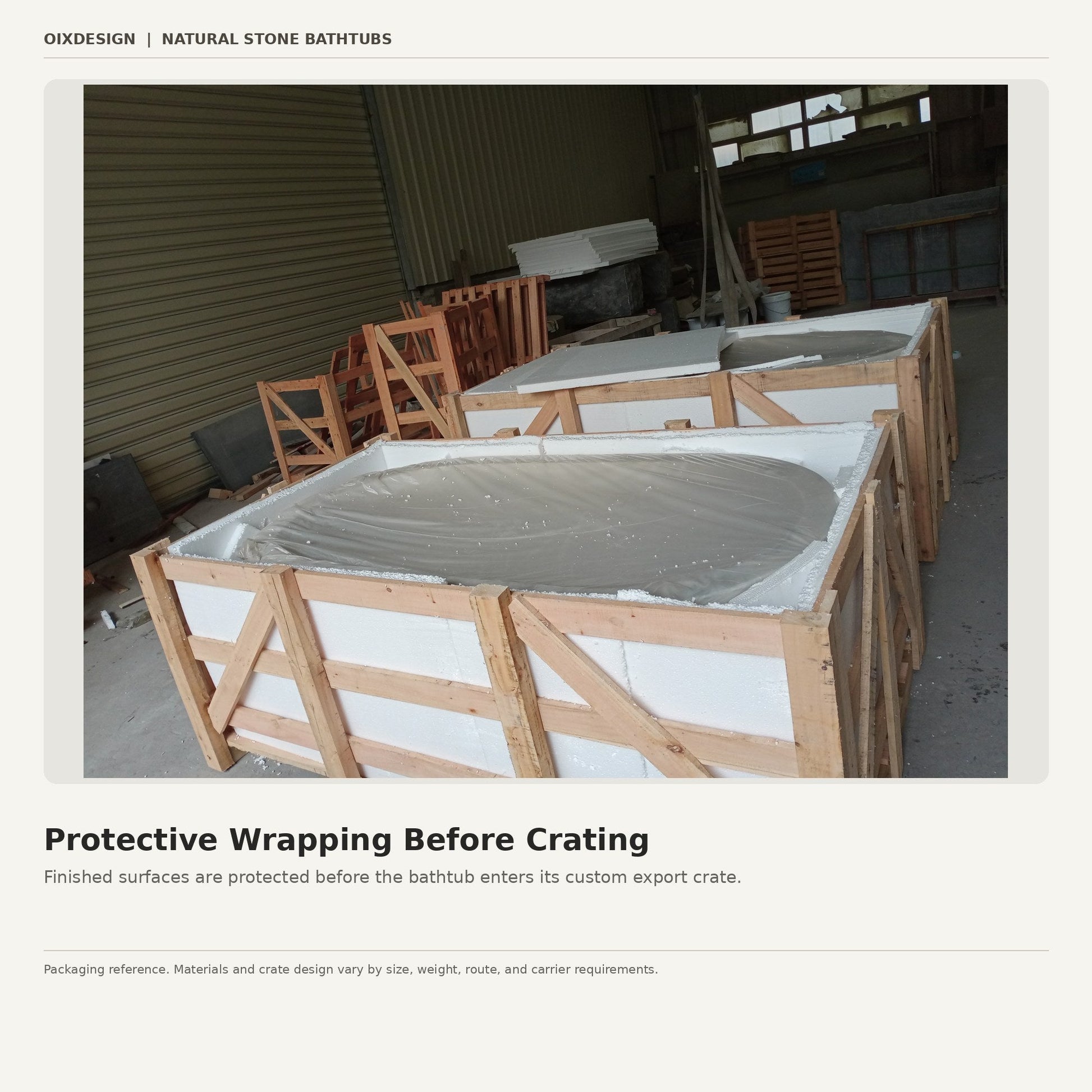 Natural stone bathtub protected with wrapping inside a reinforced export crate