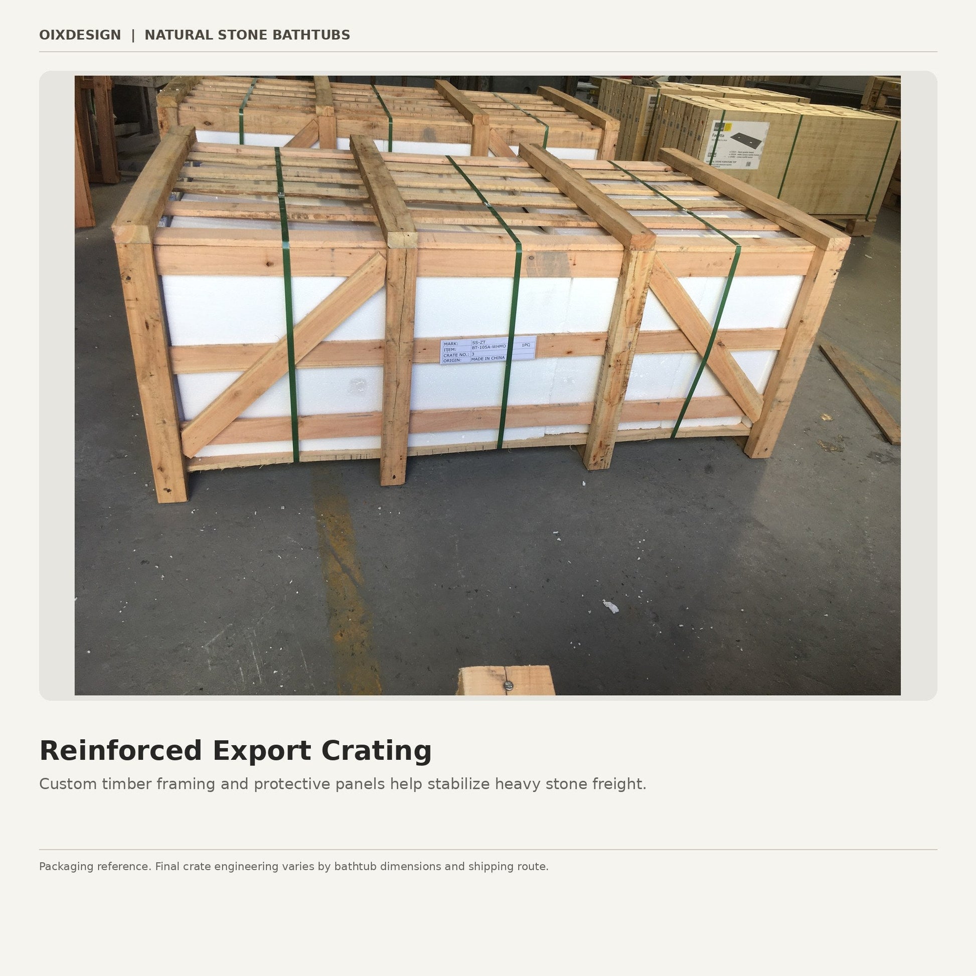 Reinforced timber export crate prepared for a heavy natural stone bathtub