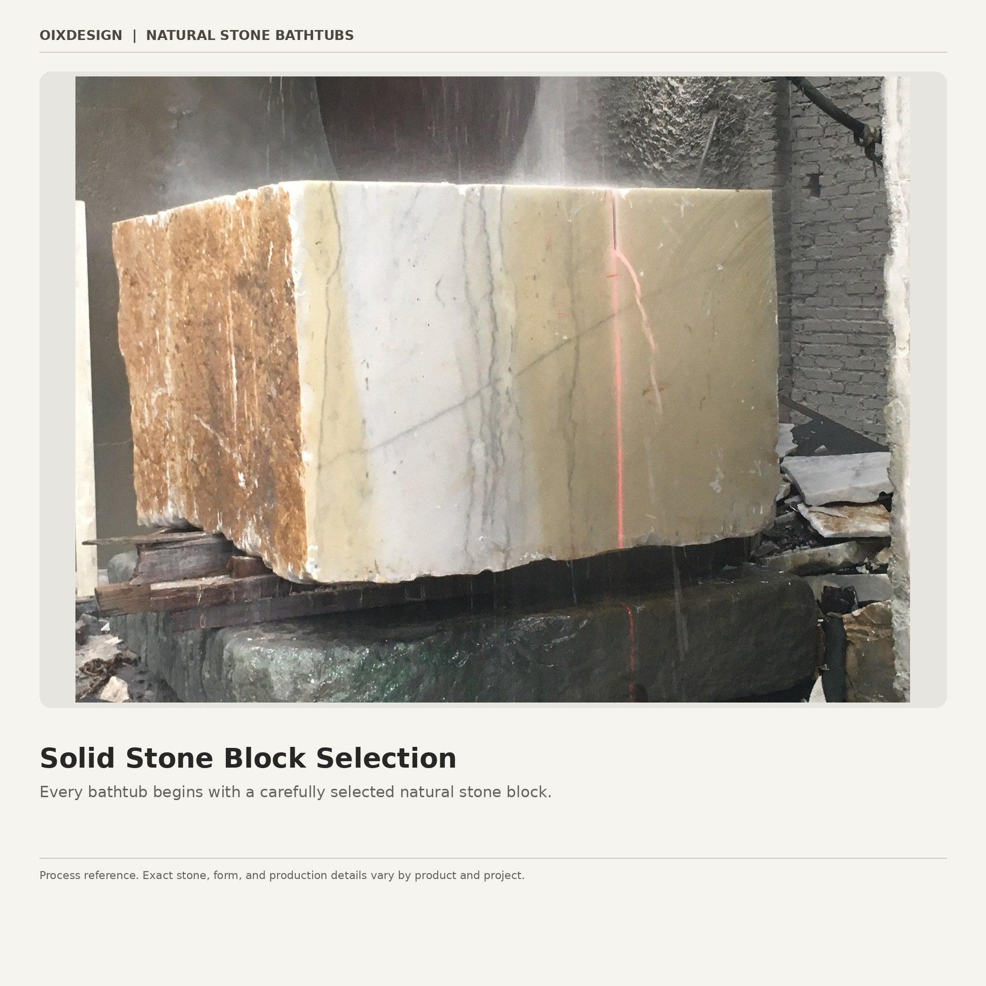 OIXDESIGN natural stone block selection and marking before solid stone bathtub fabrication