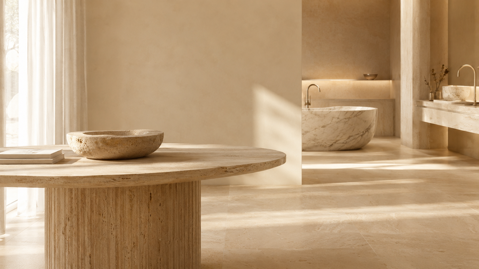 Warm natural stone interior with a round travertine table, stone bowl, freestanding bathtub, and stone basin, styled for the OIXDESIGN natural stone care guide.