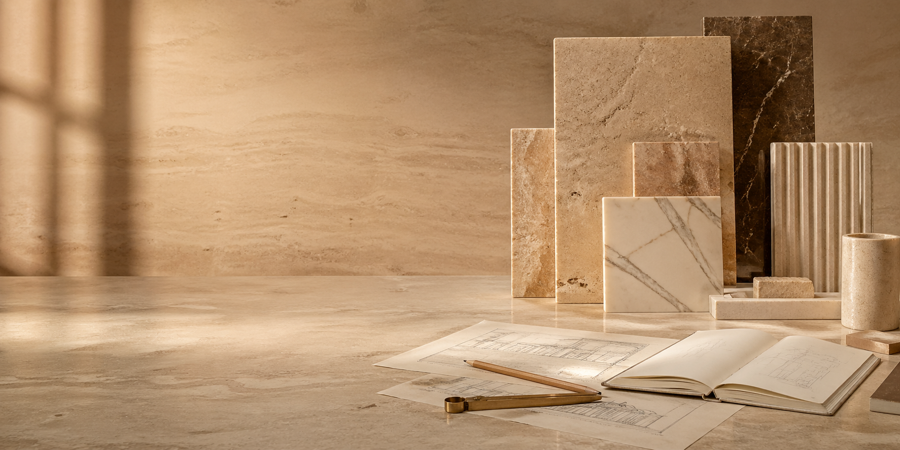 Natural stone design workspace with marble and travertine samples, drawings, and measuring tools for custom project planning