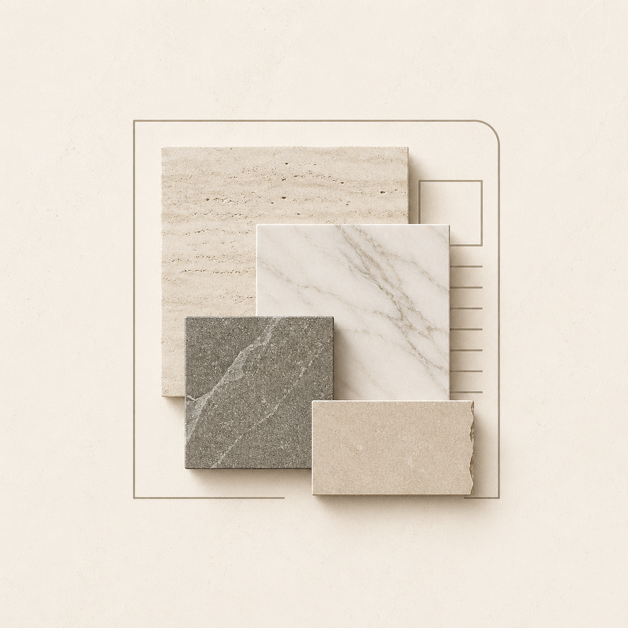 Minimal icon of layered natural stone samples representing natural stone expertise at OIXDESIGN