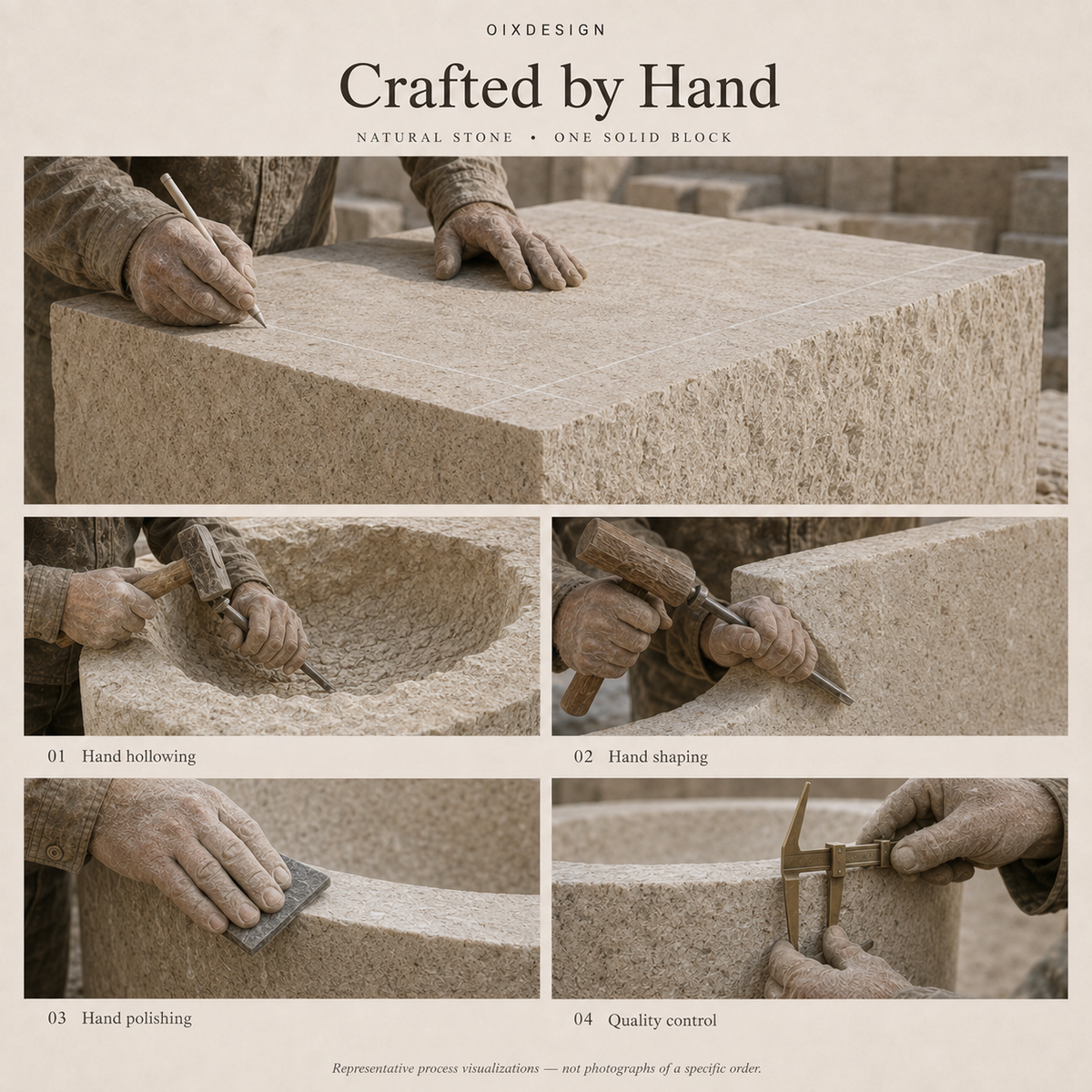 OIXDESIGN natural stone craftsmanship representative visualizations showing solid block selection, artisan hand hollowing, hand shaping, hand polishing and quality control; not a specific order