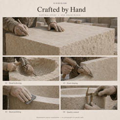 OIXDESIGN natural stone craftsmanship representative visualizations showing solid block selection, artisan hand hollowing, hand shaping, hand polishing and quality control; not a specific order