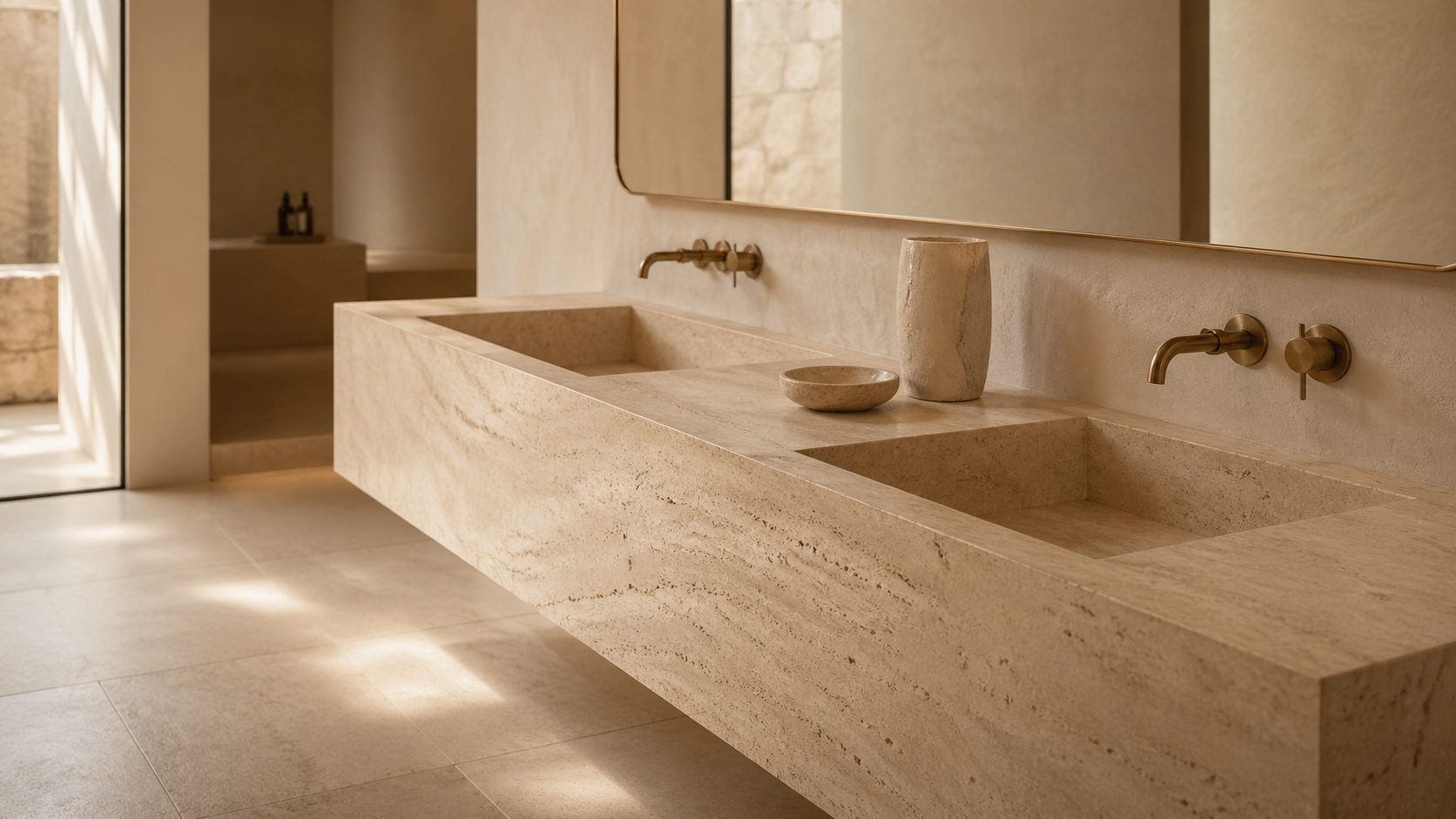 OIXDESIGN natural stone sinks and integrated travertine vanity in a refined luxury bathroom