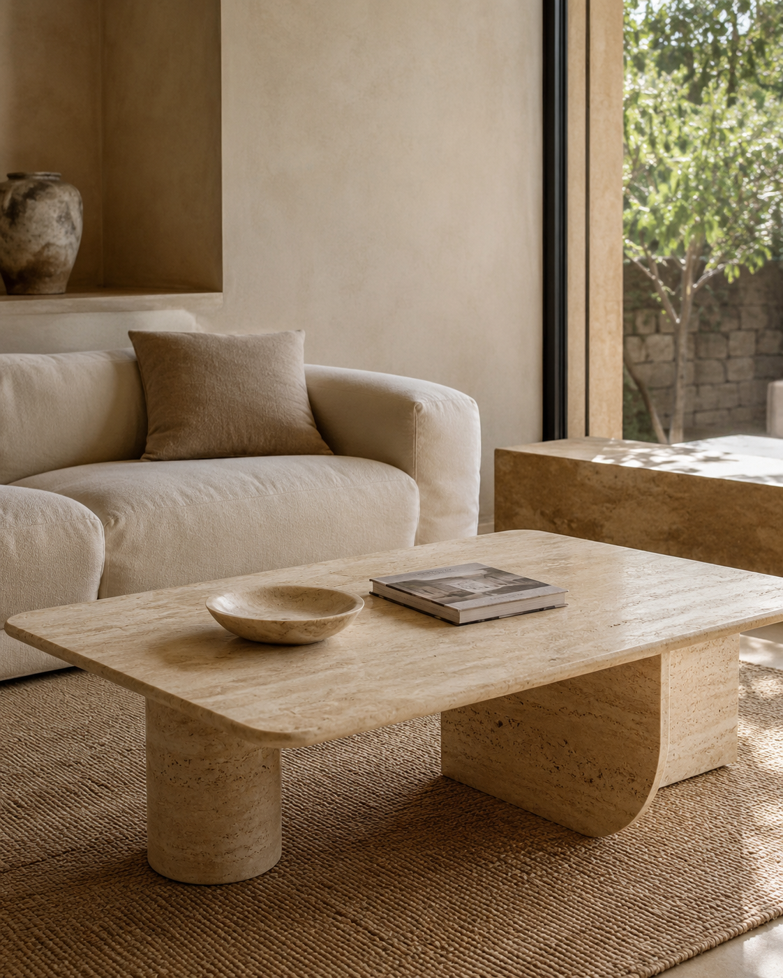 Travertine stone coffee table styled in a warm minimalist living room, illustrating natural stone table and furniture care.