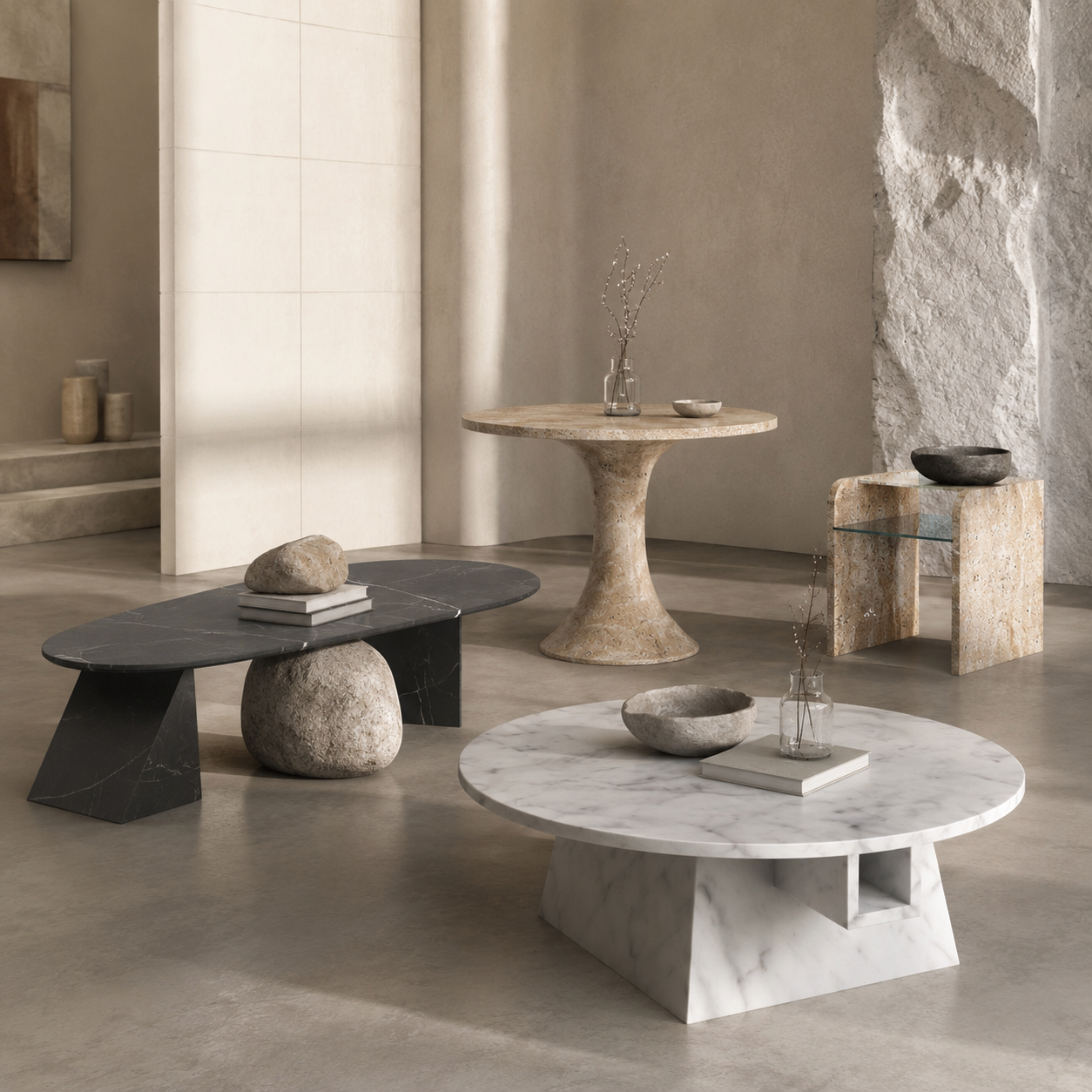 Sculptural natural stone tables by OIXDESIGN styled in a warm minimalist interior