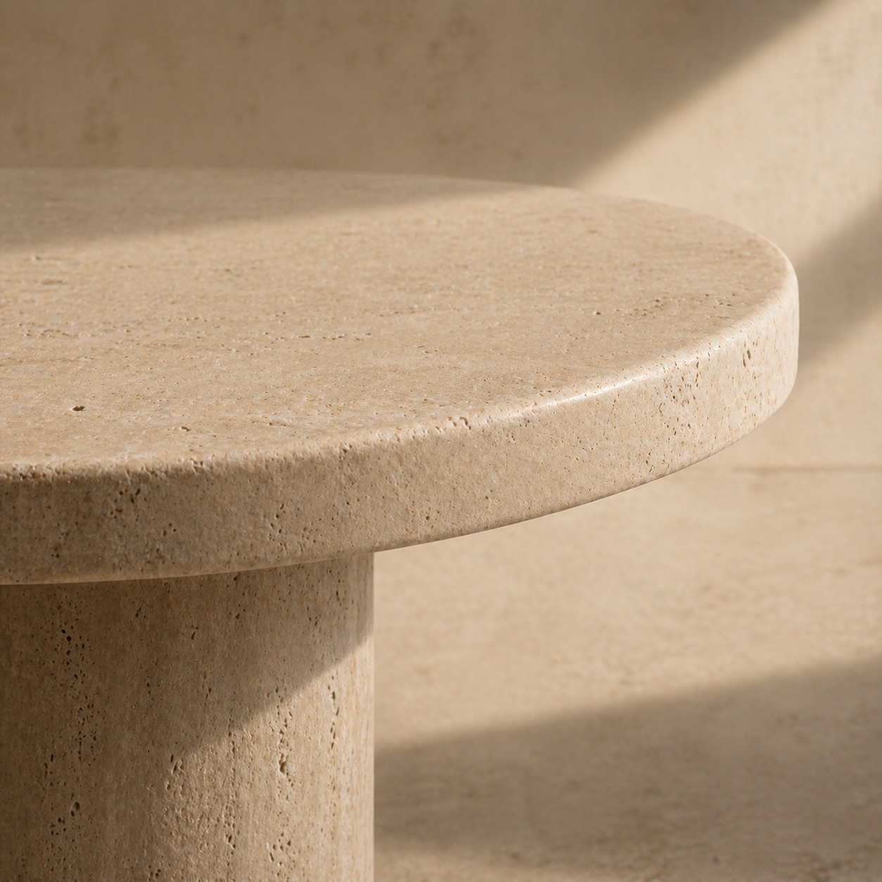 Close-up of a natural stone tabletop edge showing subtle texture and rounded form