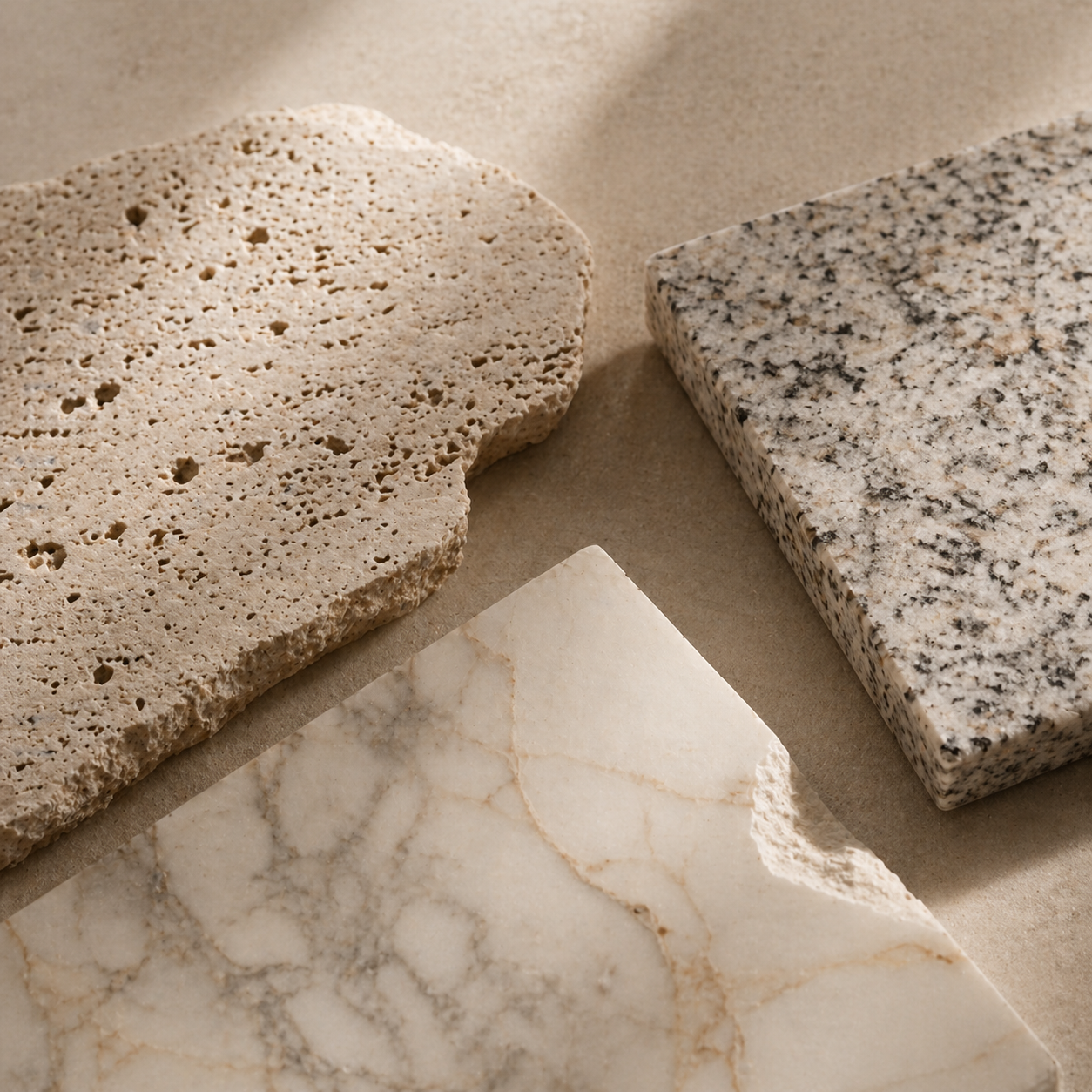 Natural stone samples showing variations in veining, pores, color, and mineral texture
