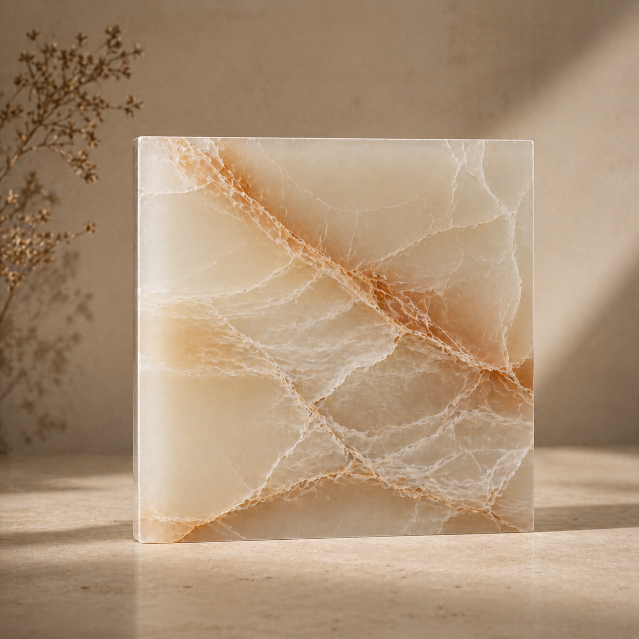 Translucent onyx stone sample with warm golden veining