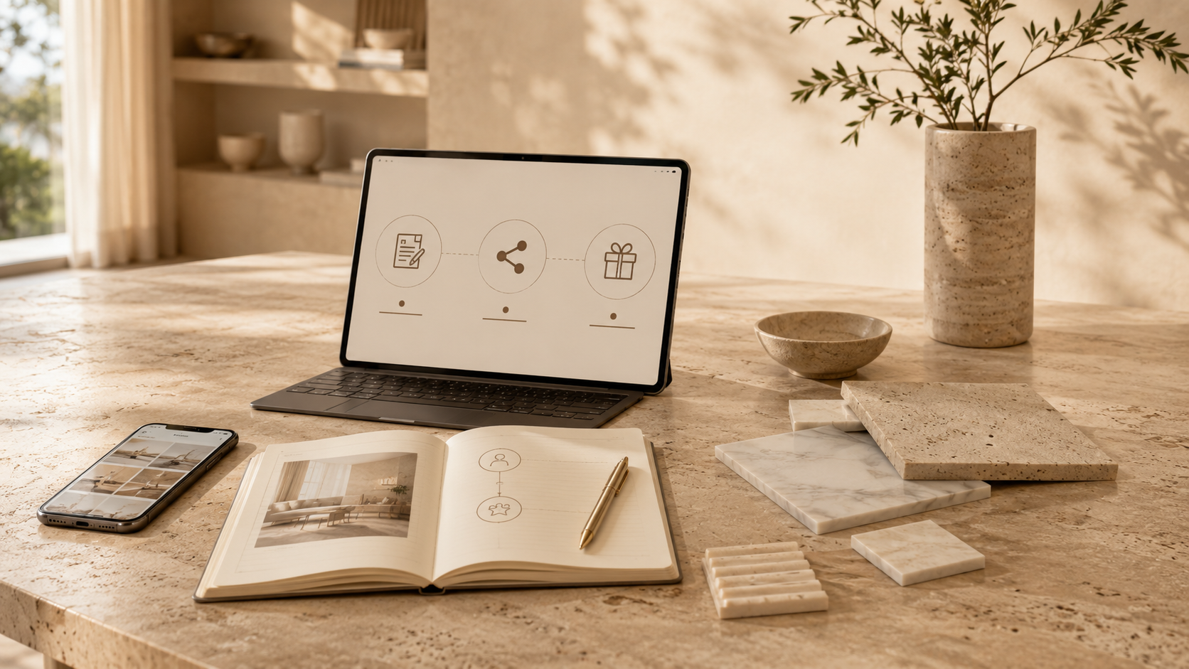 Refined minimalist workspace illustrating how the OIXDESIGN Partner Program works, from applying online to sharing and earning commission.