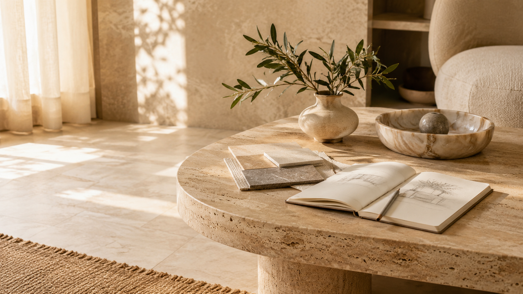 Warm natural stone design workspace with stone samples, sketchbook, and travertine table for OIXDESIGN partner program