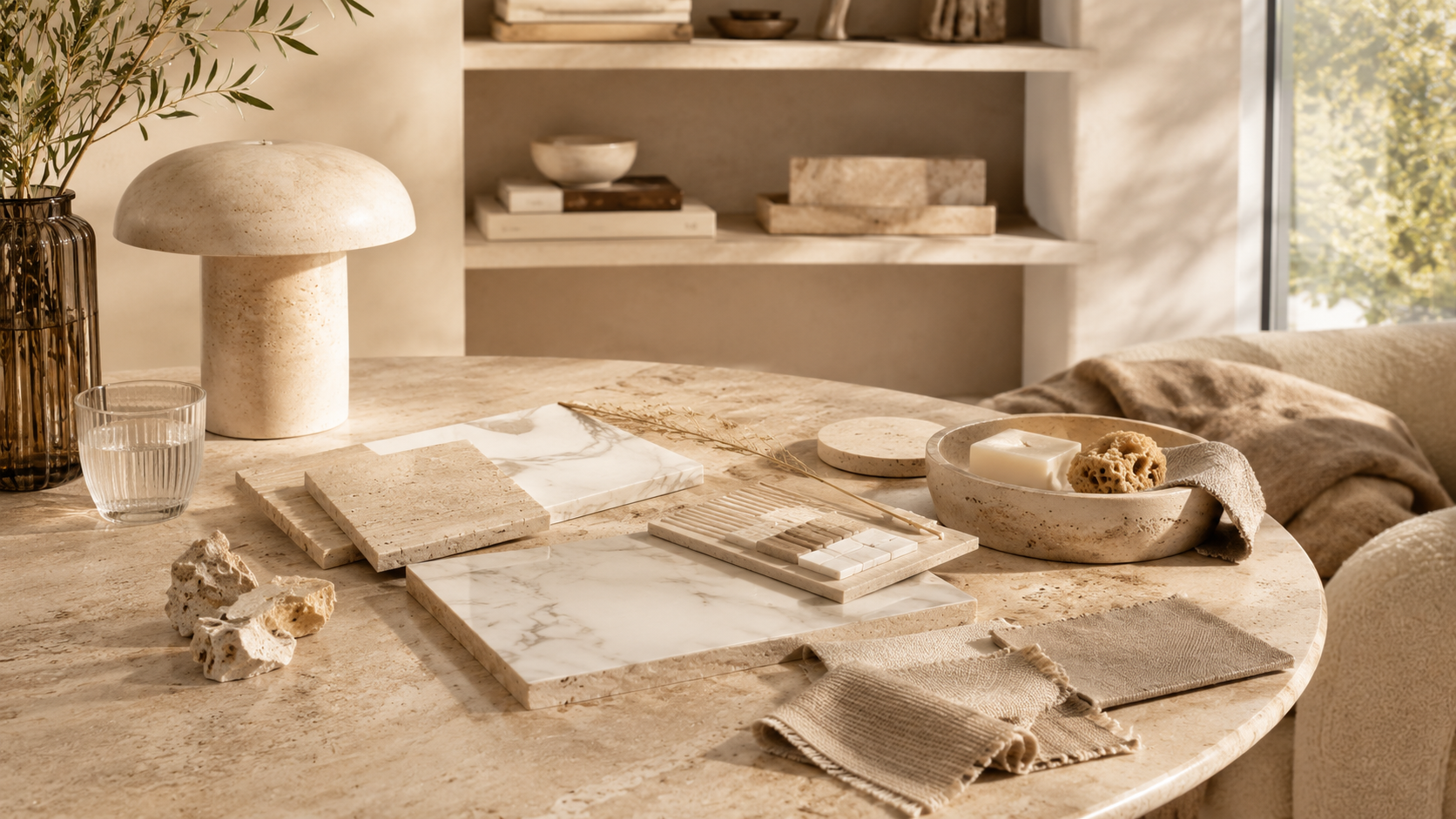 Elegant natural stone and soft fabric vignette showing the type of lifestyle, styling, and design content partners can share for OIXDESIGN.