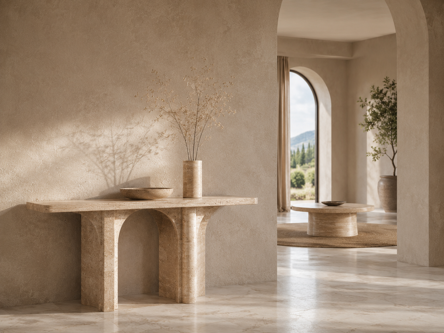 OIXDESIGN stone table in a warm minimalist interior highlighting modular table design