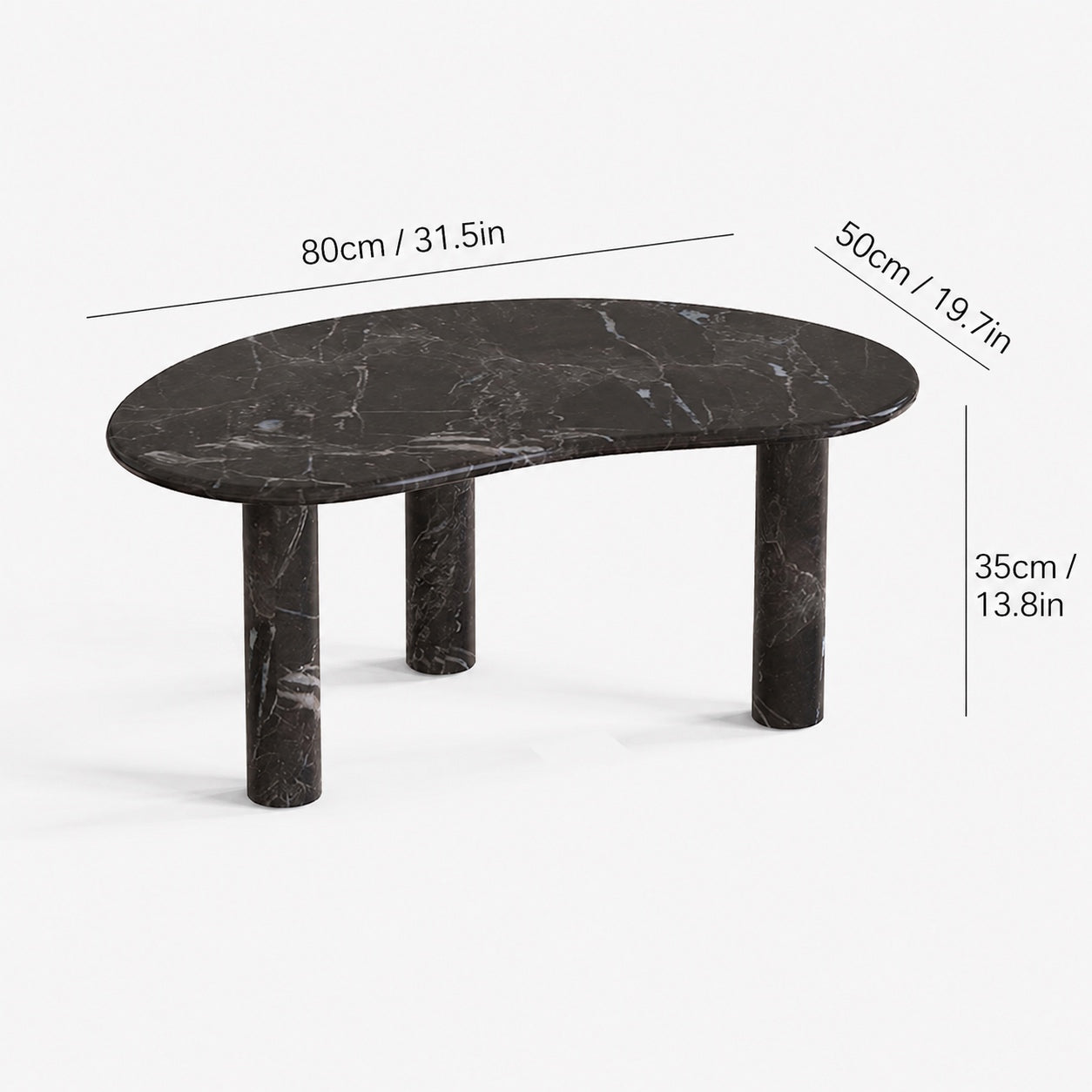 OIXDESIGN PeaPod black marble coffee table size and dimensions in cm and inches