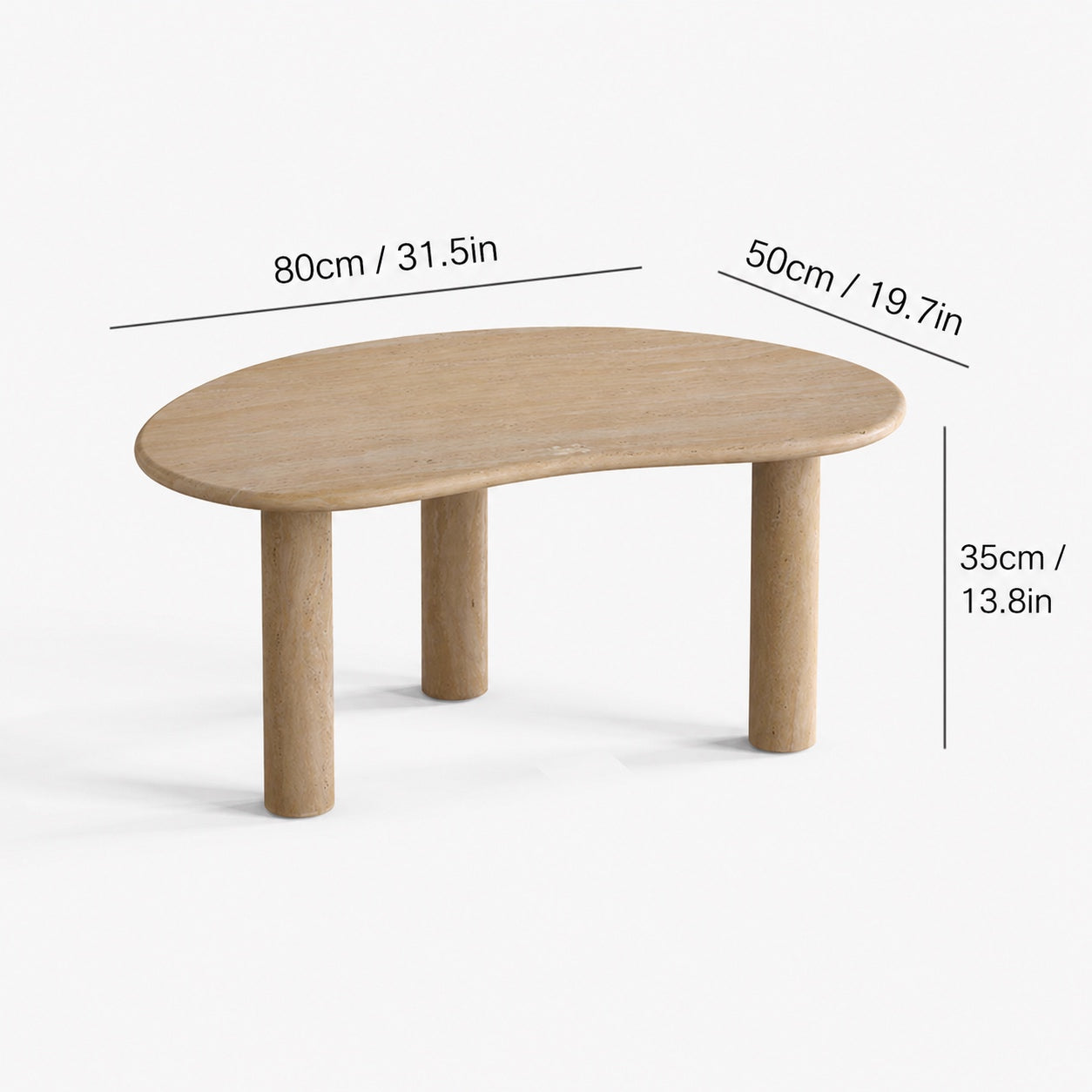 OIXDESIGN PeaPod travertine coffee table size and dimensions in cm and inches