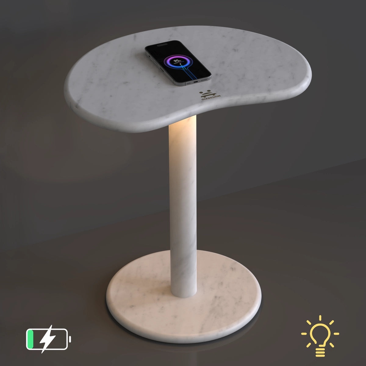 Modern PeaPod White Marble Accent Table - Night Light & Wireless Charging