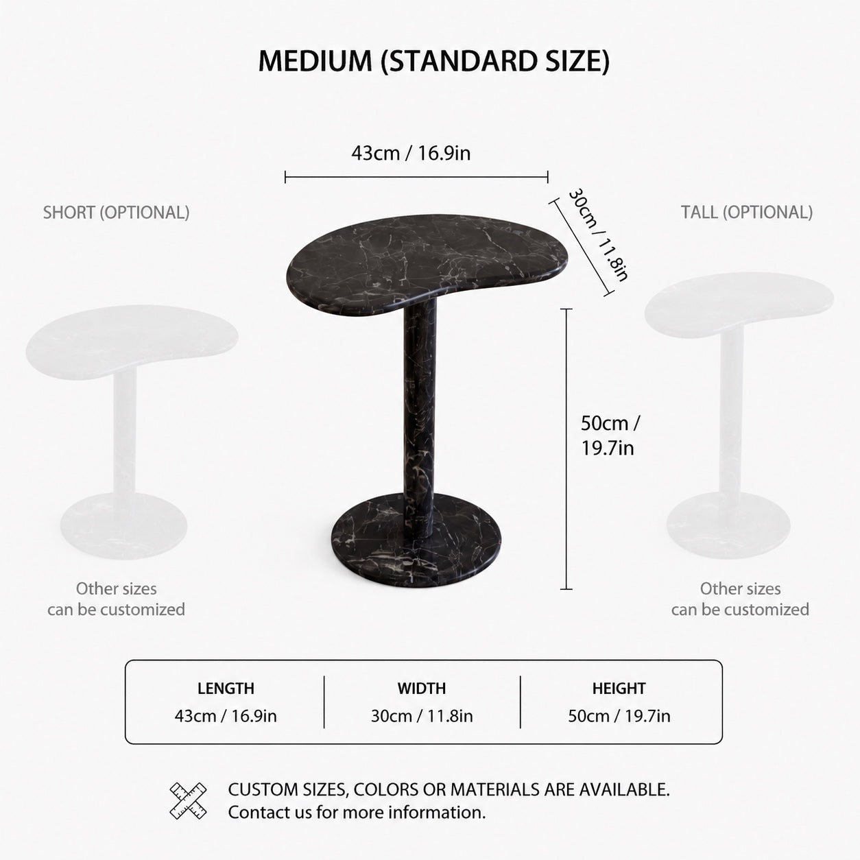 OIXDESIGN PeaPod black marble side table standard and custom size dimensions in cm and inches