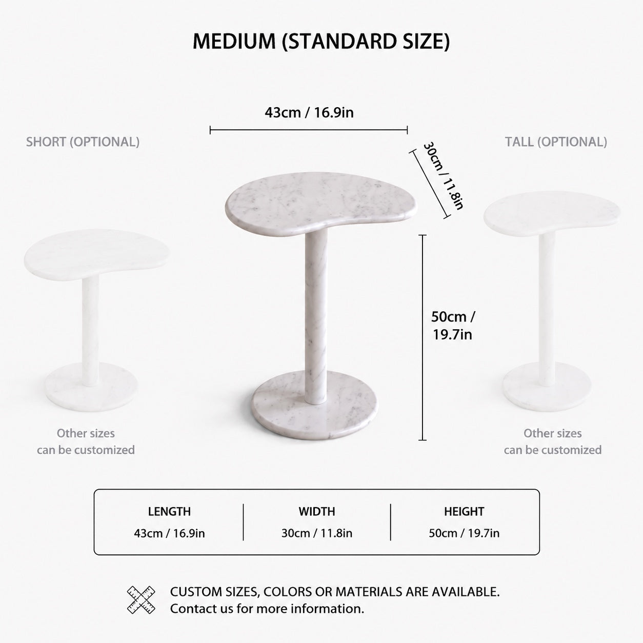 OIXDESIGN PeaPod Carrara white marble side table standard and custom size dimensions in cm and inches