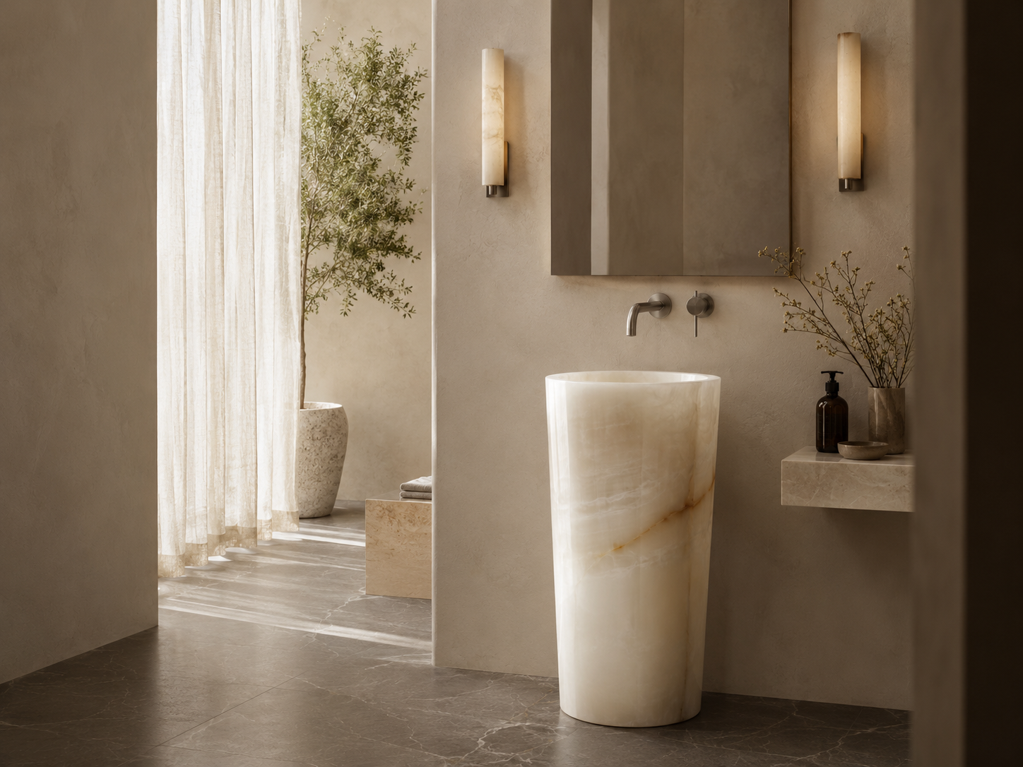 Distinctive natural stone pedestal sink showcasing unique veining and material character in a calm bathroom setting by OIXDESIGN