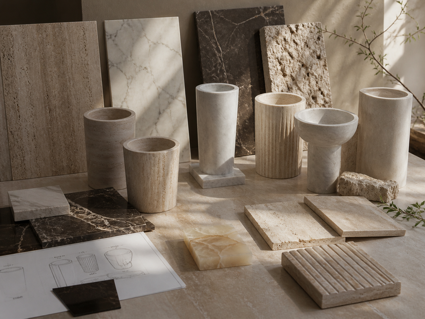 Natural stone samples and pedestal sink forms arranged for material and finish selection