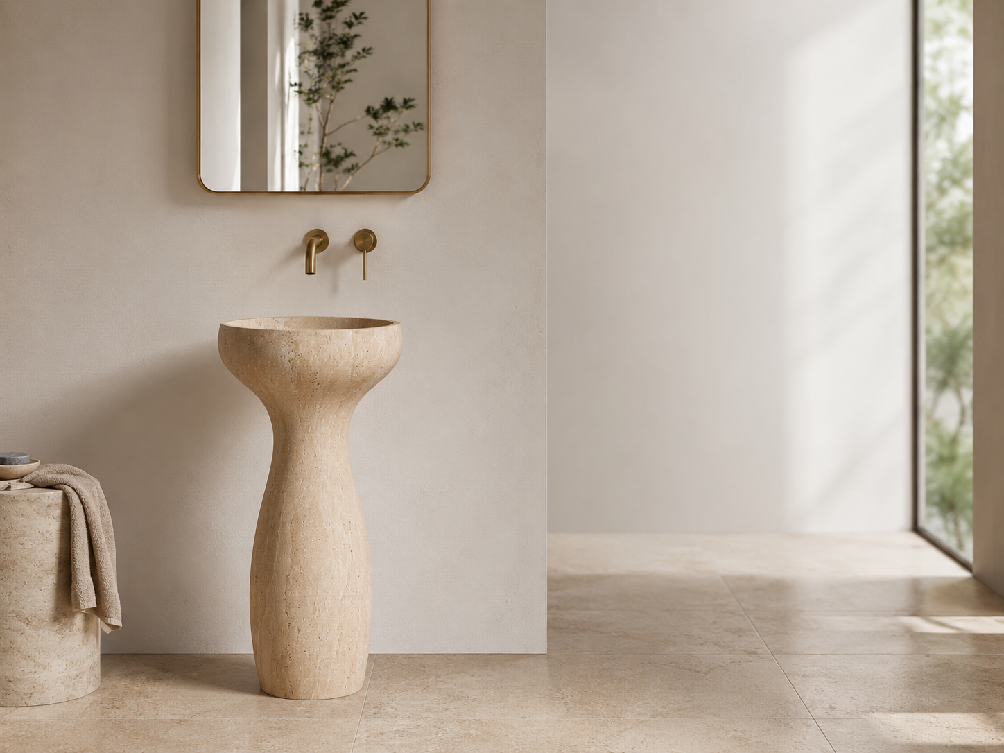 Natural stone pedestal sink styled in a refined minimalist bathroom with soft natural light by OIXDESIGN