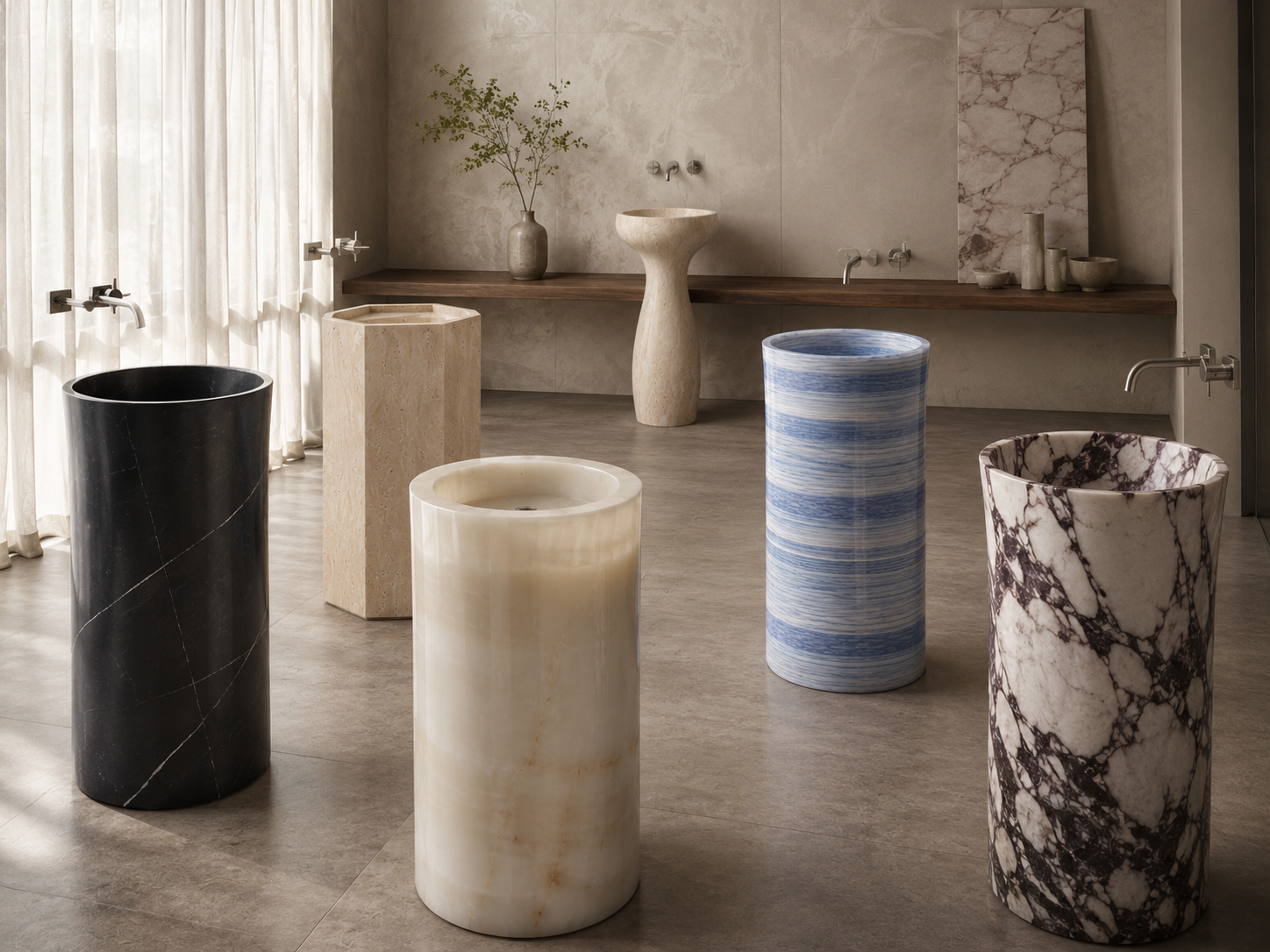 A curated selection of sculptural natural stone pedestal sinks in different shapes and materials by OIXDESIGN