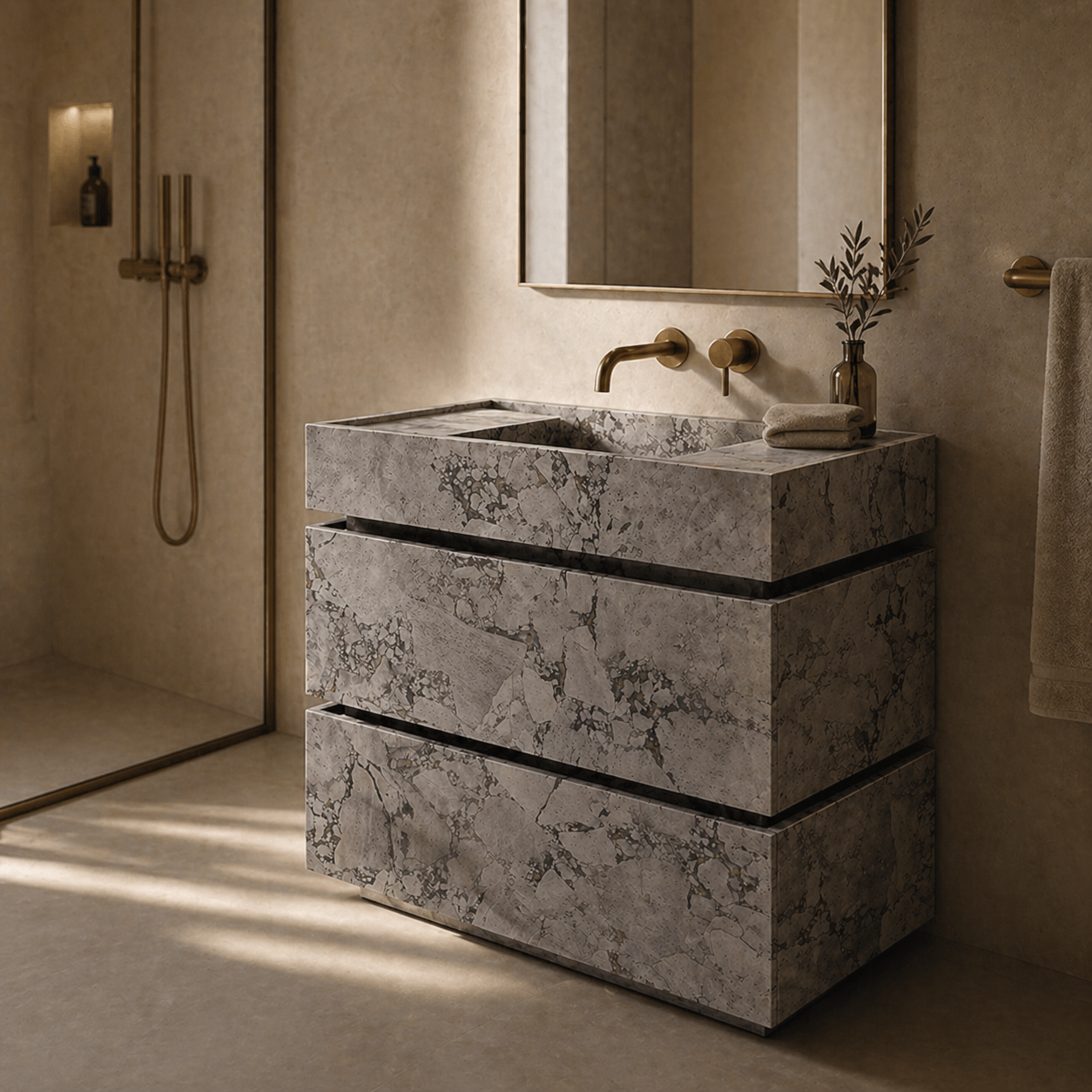 Natural stone bathroom vanity with integrated sink in a warm luxury bath interior by OIXDESIGN