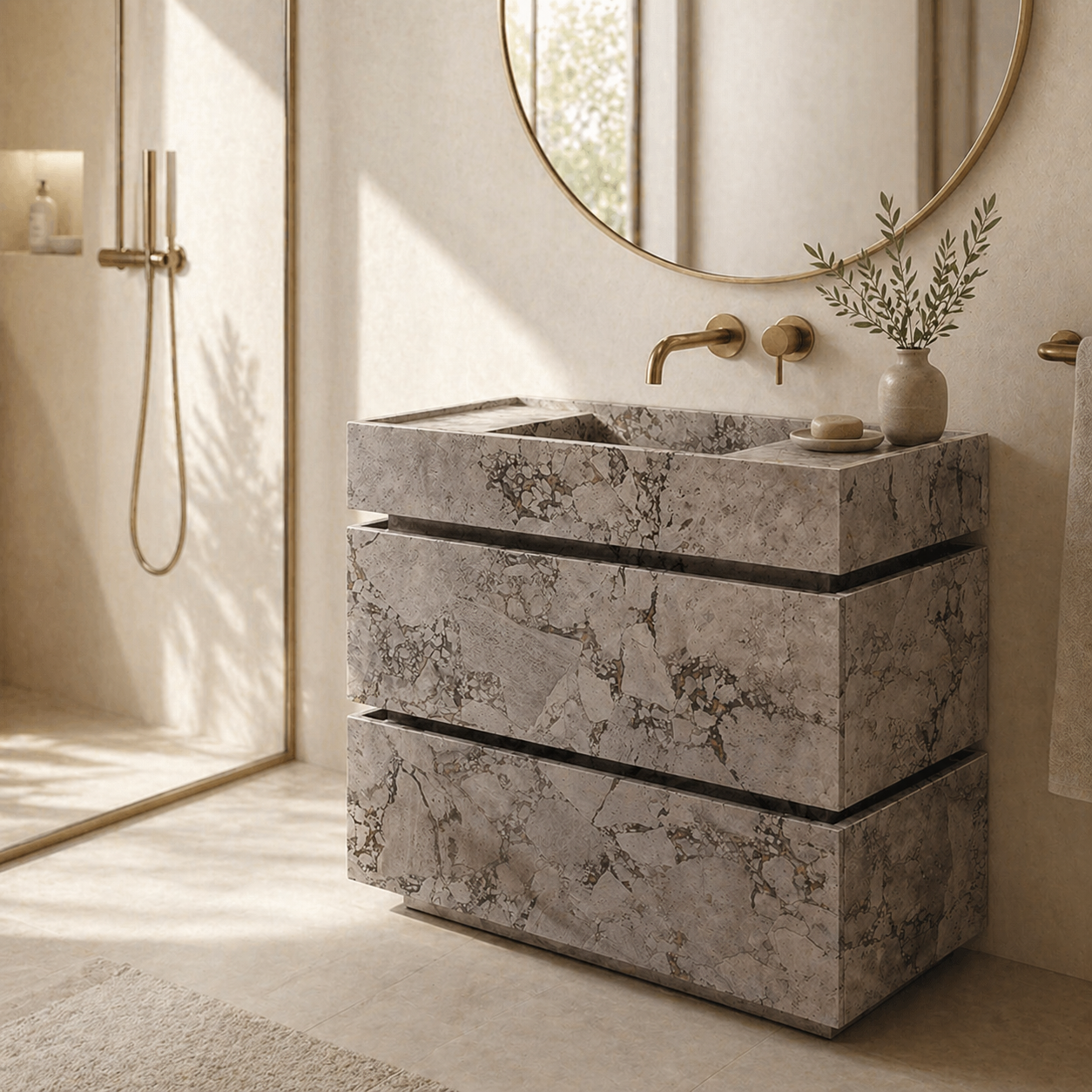Integrated natural stone vanity with vessel sink and wall-mounted faucet in a warm neutral luxury bathroom