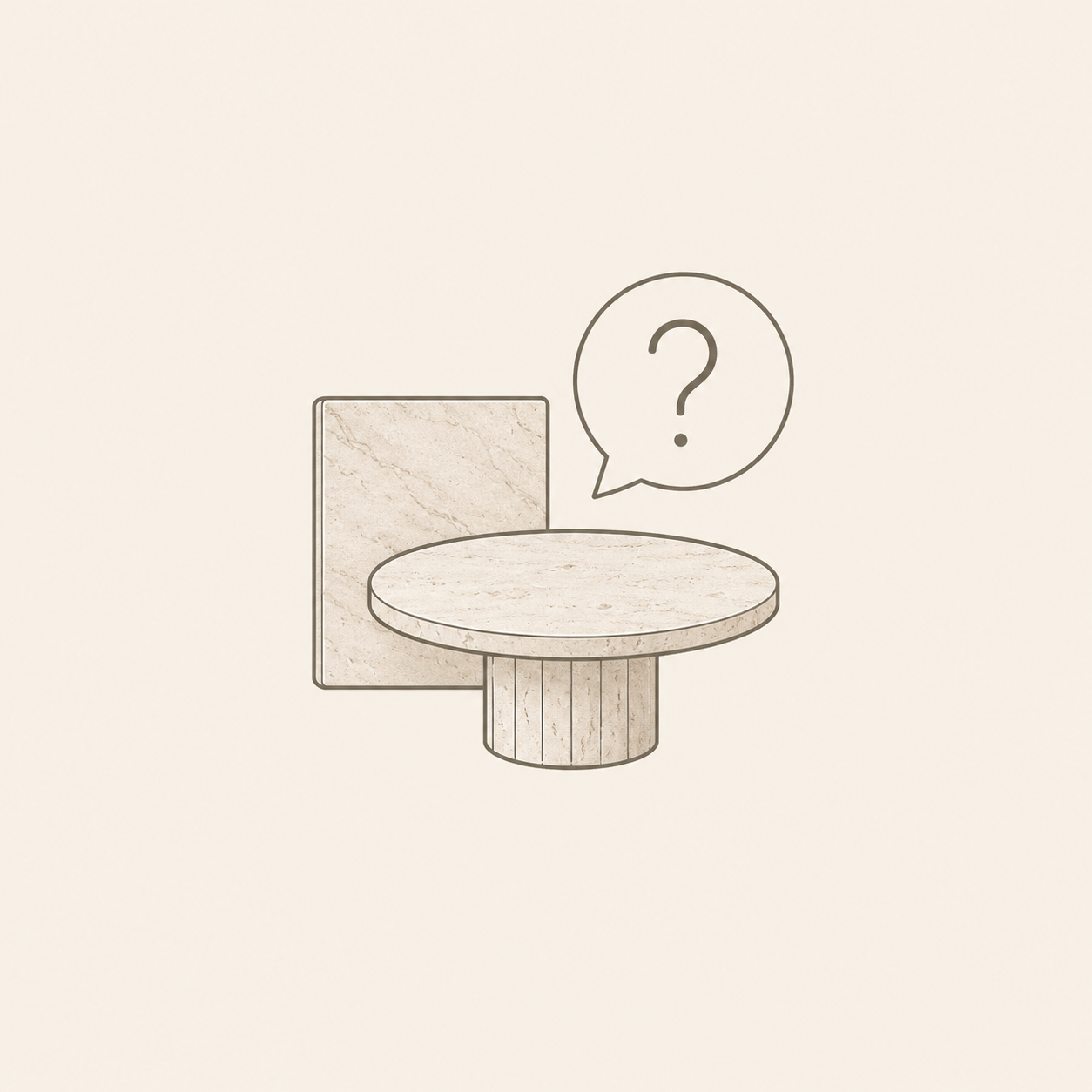 Minimal stone furniture icon with question bubble for OIXDESIGN product questions
