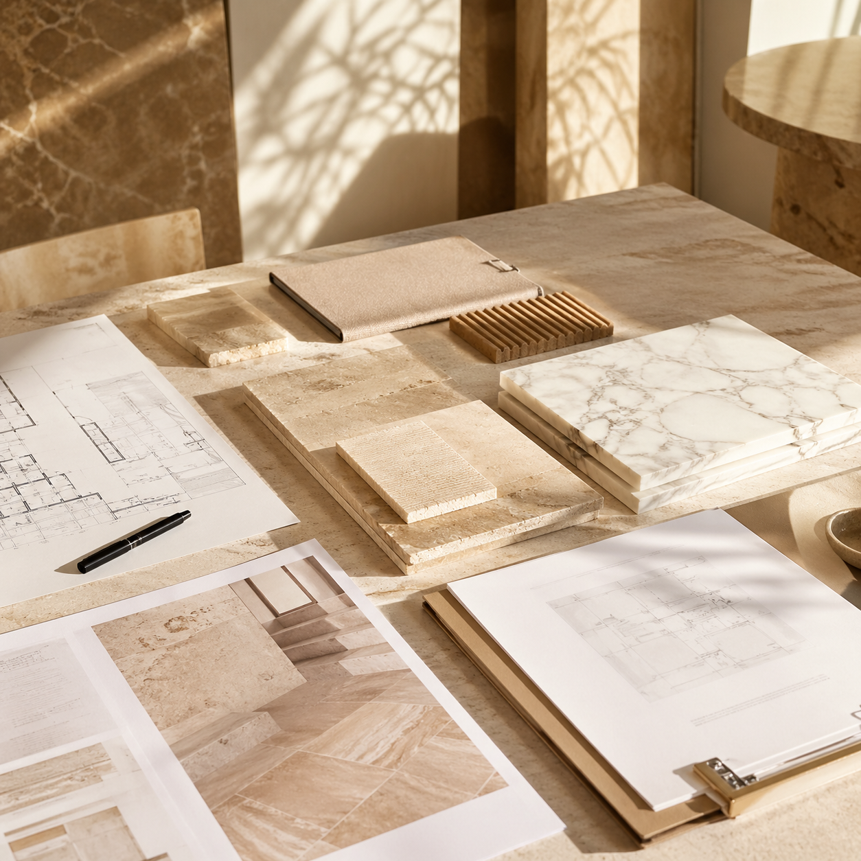Natural stone project planning workspace with material boards, drawings, and coordination details for trade orders