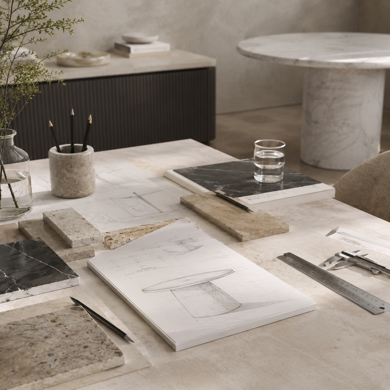 OIXDESIGN design workspace with stone tables, materials, and project planning for trade and hospitality
