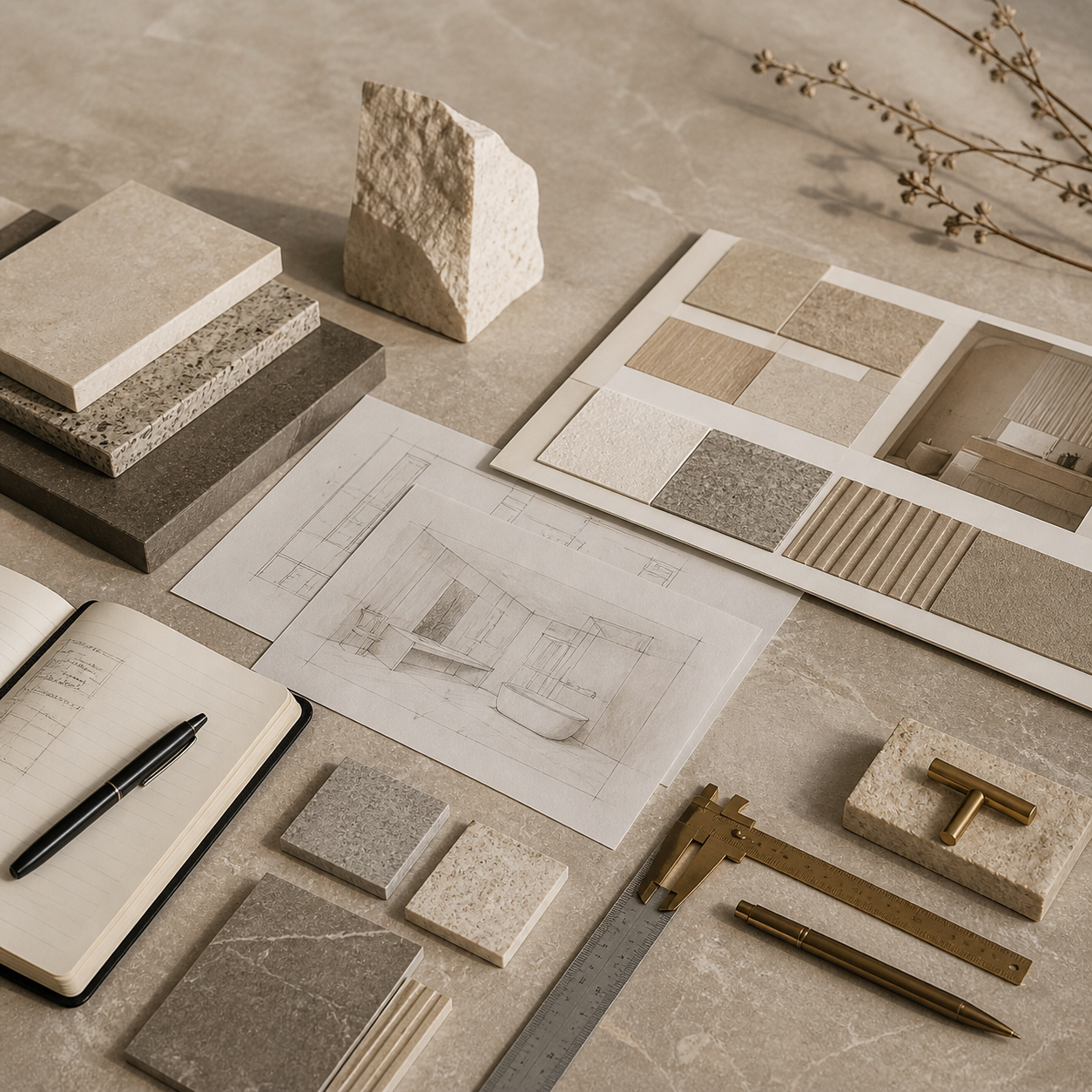 OIXDESIGN project planning board with natural stone samples, sketches, and tools for trade projects