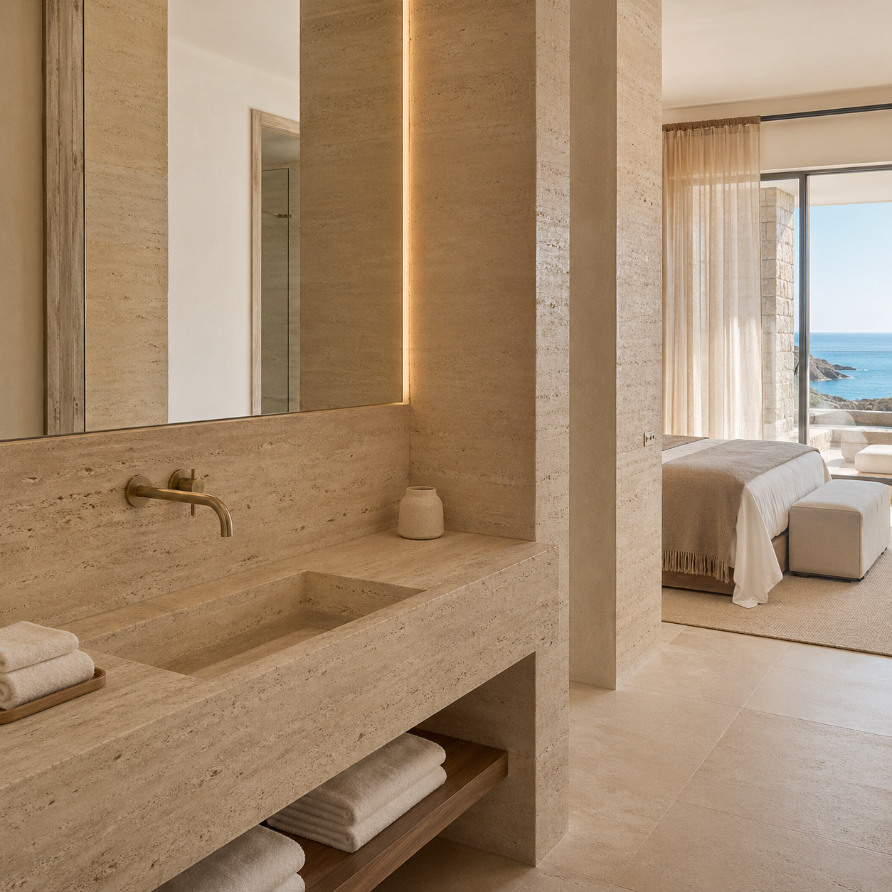 OIXDESIGN Projects and Trade luxury hospitality suite with natural stone vanity, warm travertine finishes, and ocean view
